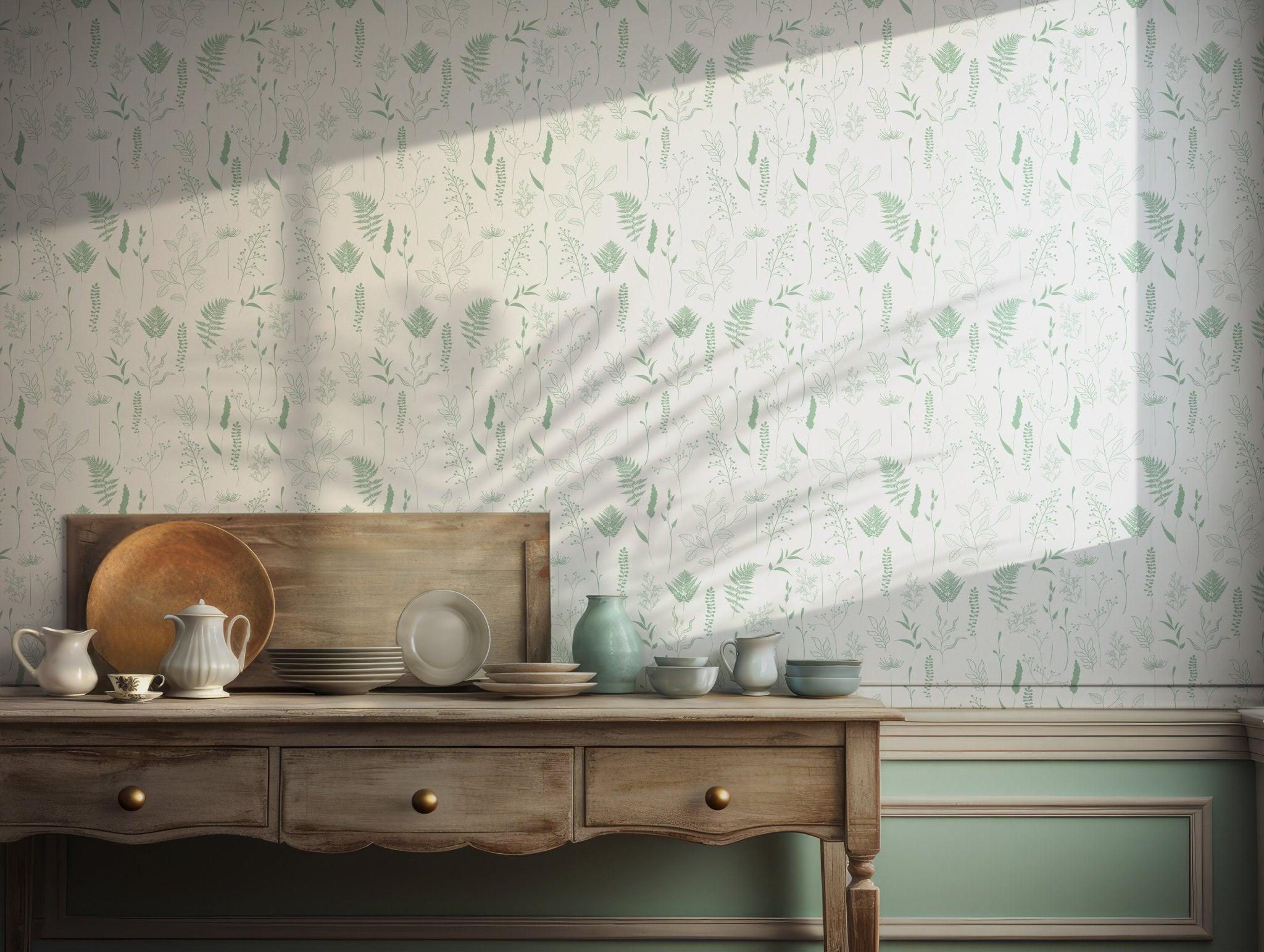Green Leaves Minimalist Wallpaper - Self Adhesive Peel and Stick - Botanical Line Art Design BV281