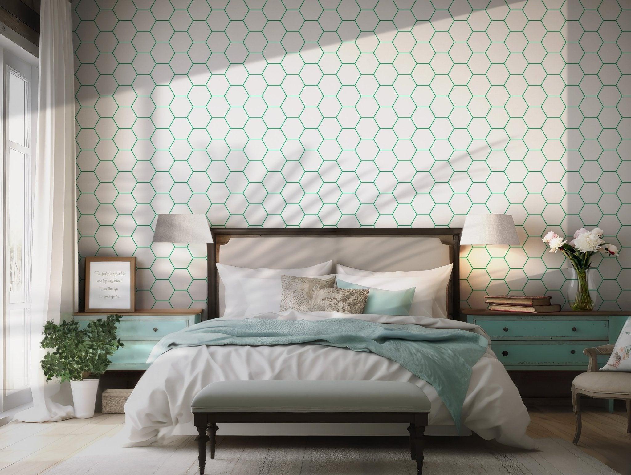 Green Minimalist Hexagon Self Adhesive Peel and Stick Wallpaper Modern Stylish Clean Honeycomb Bee Hive BV223