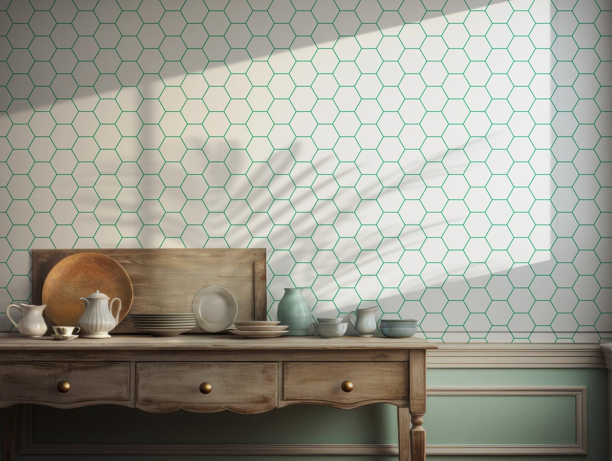 Green Minimalist Hexagon Self Adhesive Peel and Stick Wallpaper Modern Stylish Clean Honeycomb Bee Hive BV223