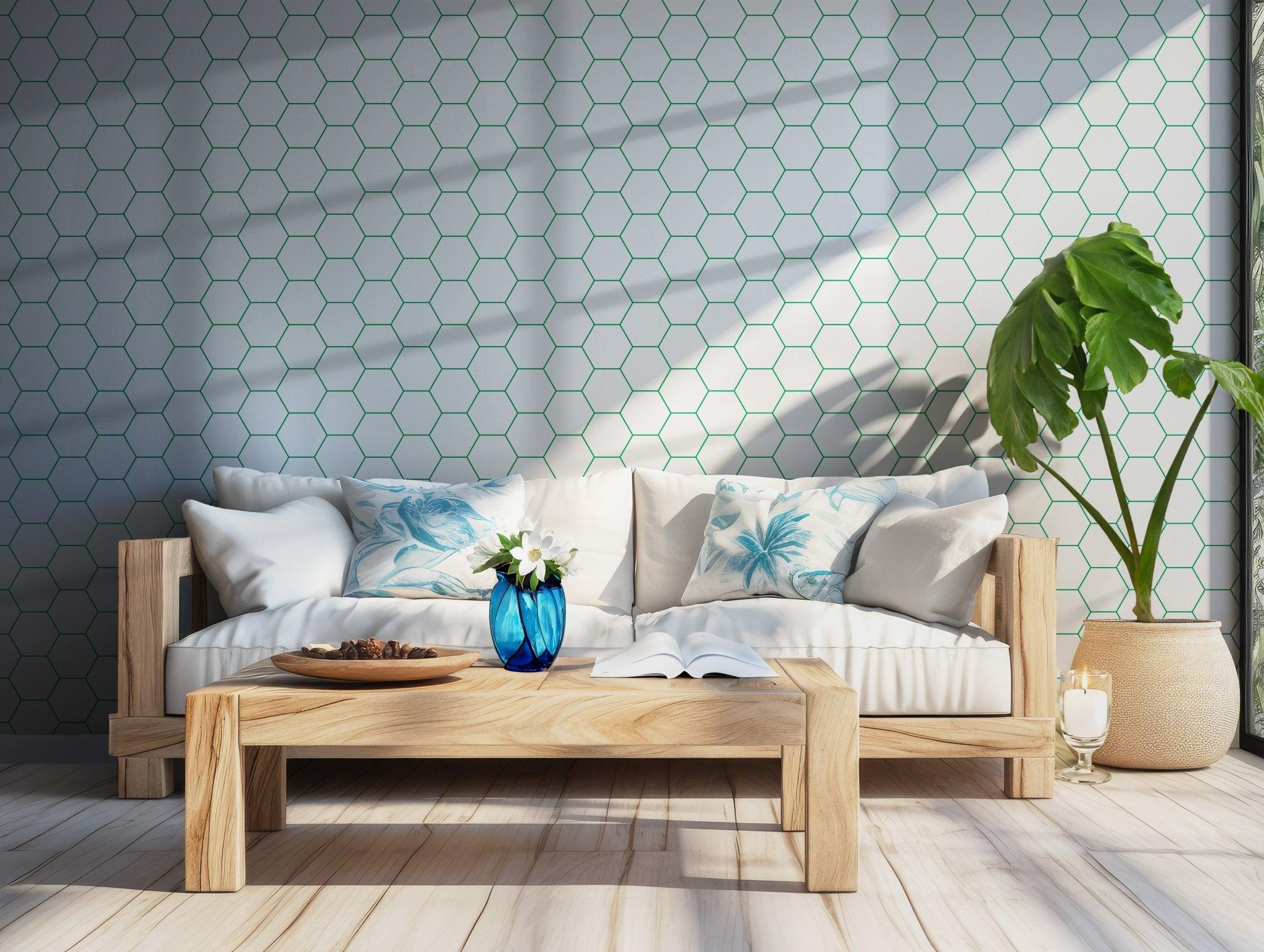 Green Minimalist Hexagon Self Adhesive Peel and Stick Wallpaper Modern Stylish Clean Honeycomb Bee Hive BV223