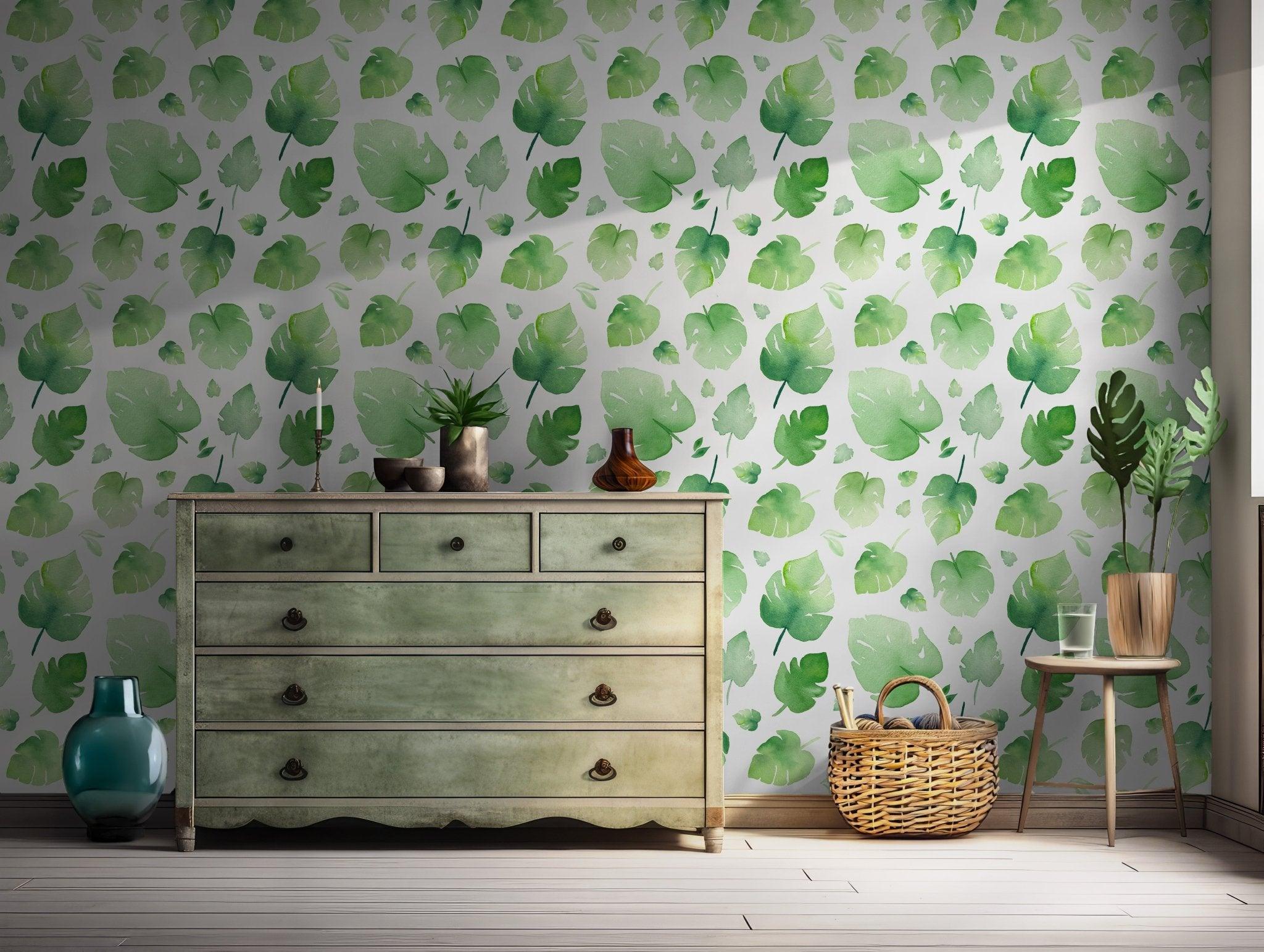 Green on White Wallpaper - Self Adhesive - Watercolor Monstera Leaf Tropical Nature BV245