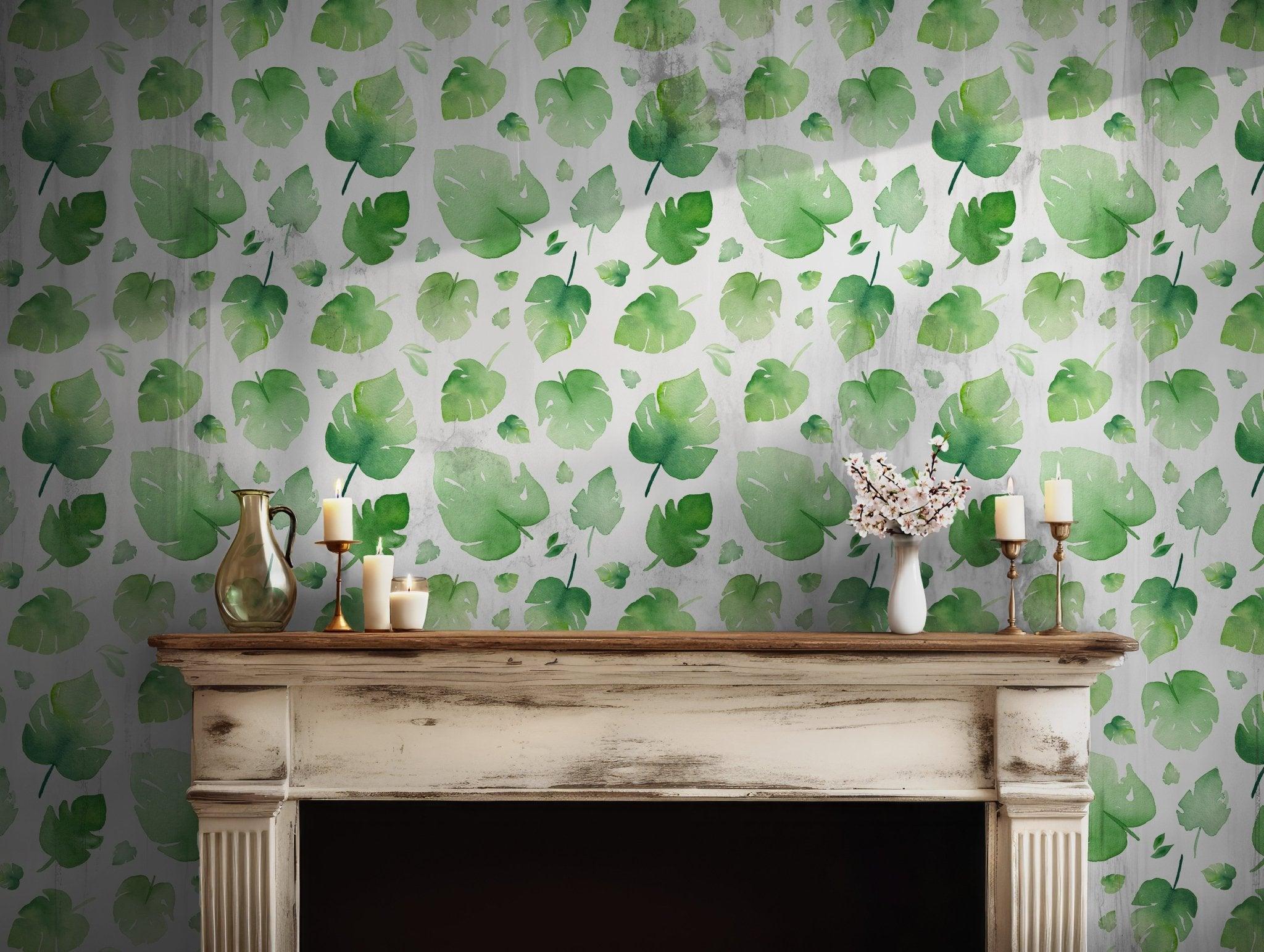Green on White Wallpaper - Self Adhesive - Watercolor Monstera Leaf Tropical Nature BV245