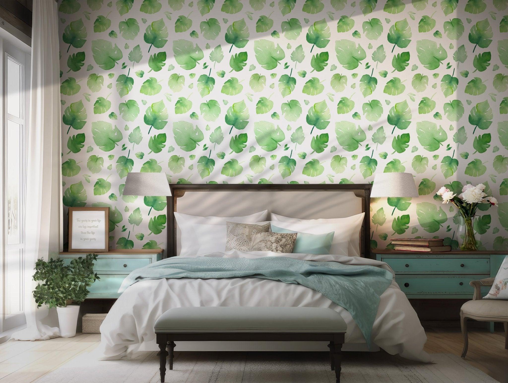 Green on White Wallpaper - Self Adhesive - Watercolor Monstera Leaf Tropical Nature BV245