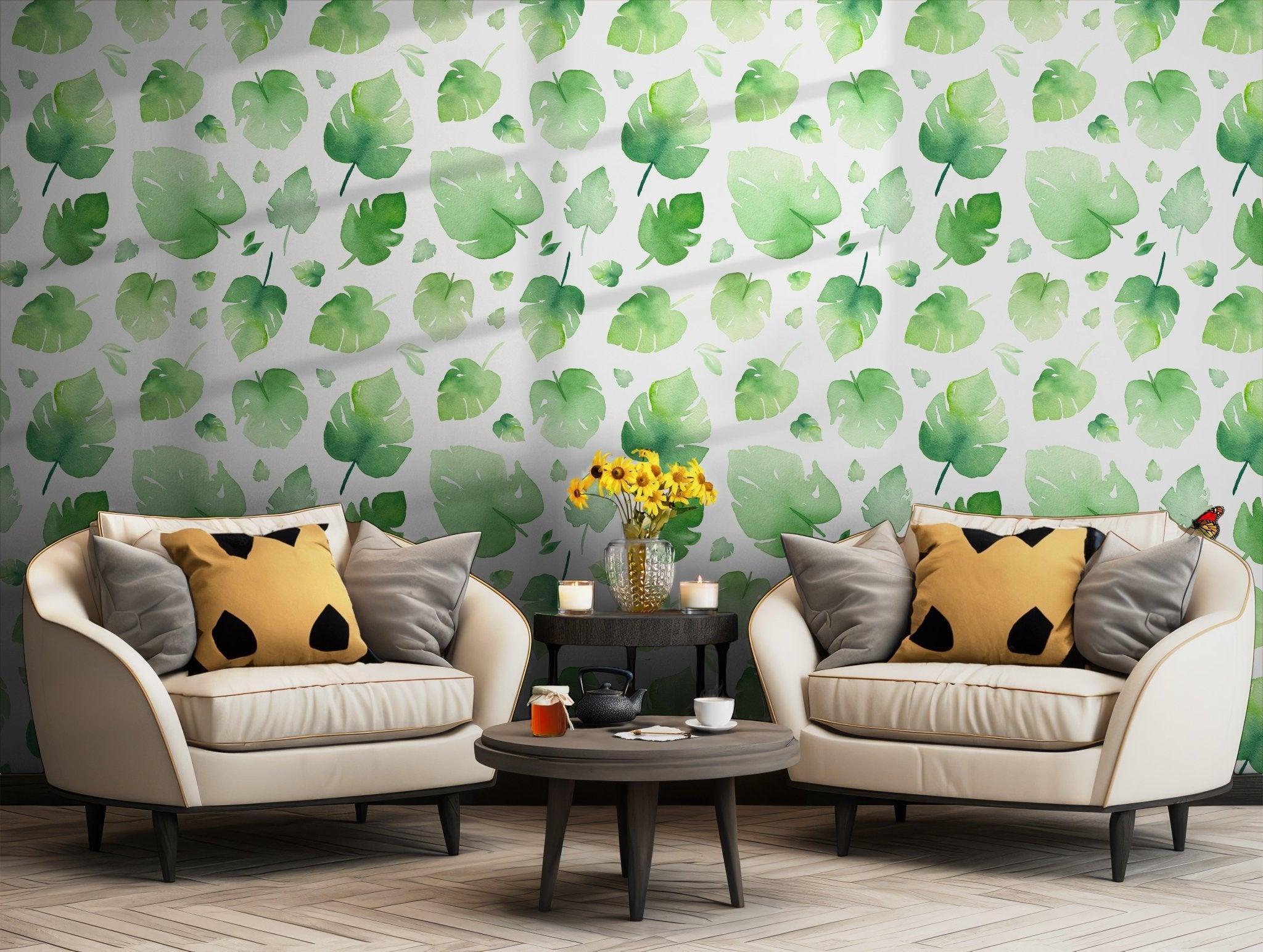 Green on White Wallpaper - Self Adhesive - Watercolor Monstera Leaf Tropical Nature BV245