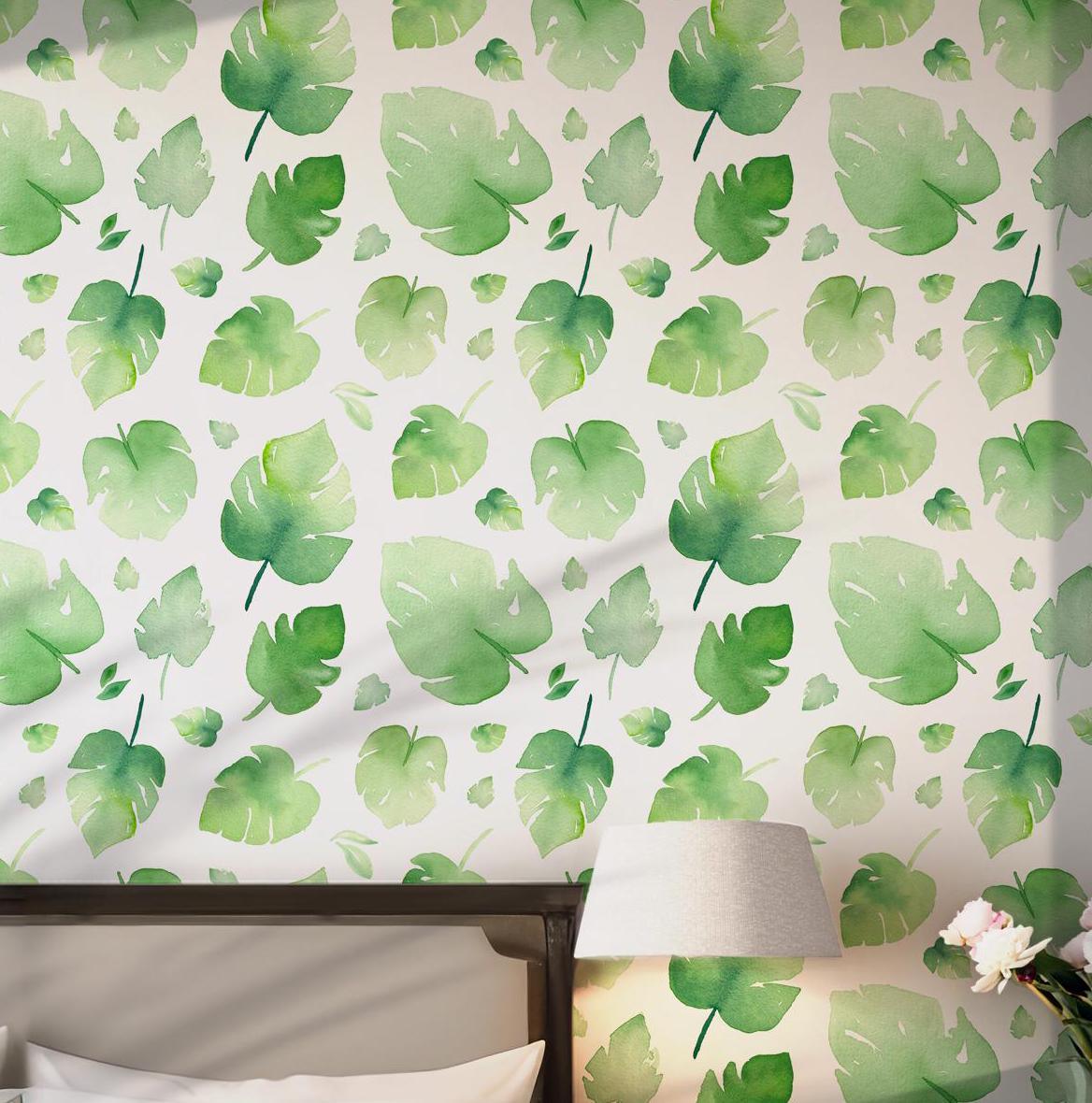 Green on White Wallpaper - Self Adhesive - Watercolor Monstera Leaf Tropical Nature BV245