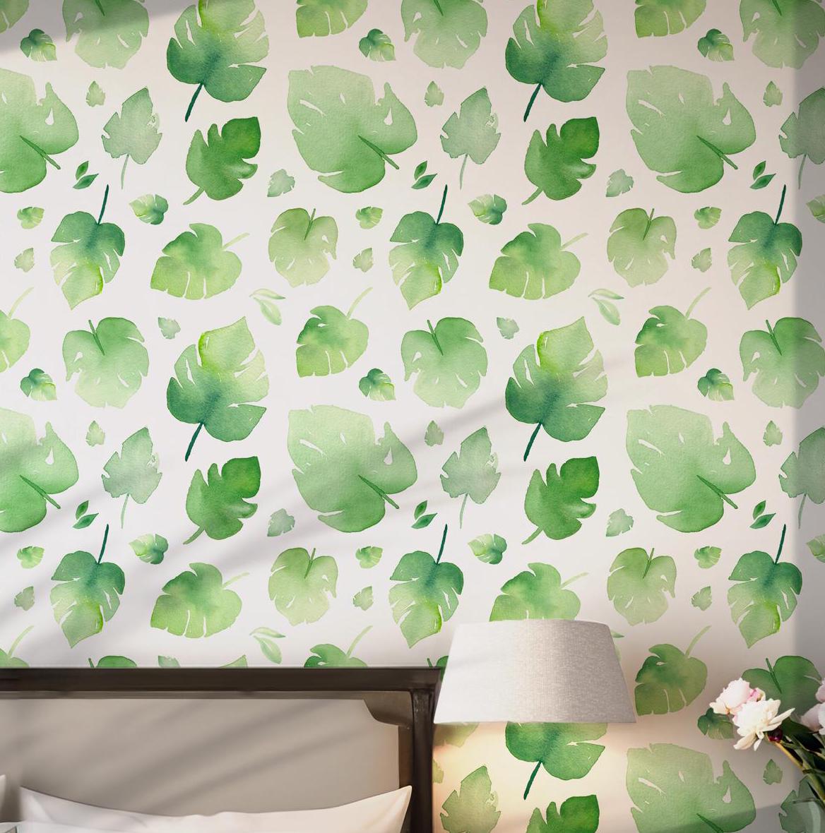 Green on White Wallpaper - Self Adhesive - Watercolor Monstera Leaf Tropical Nature BV245