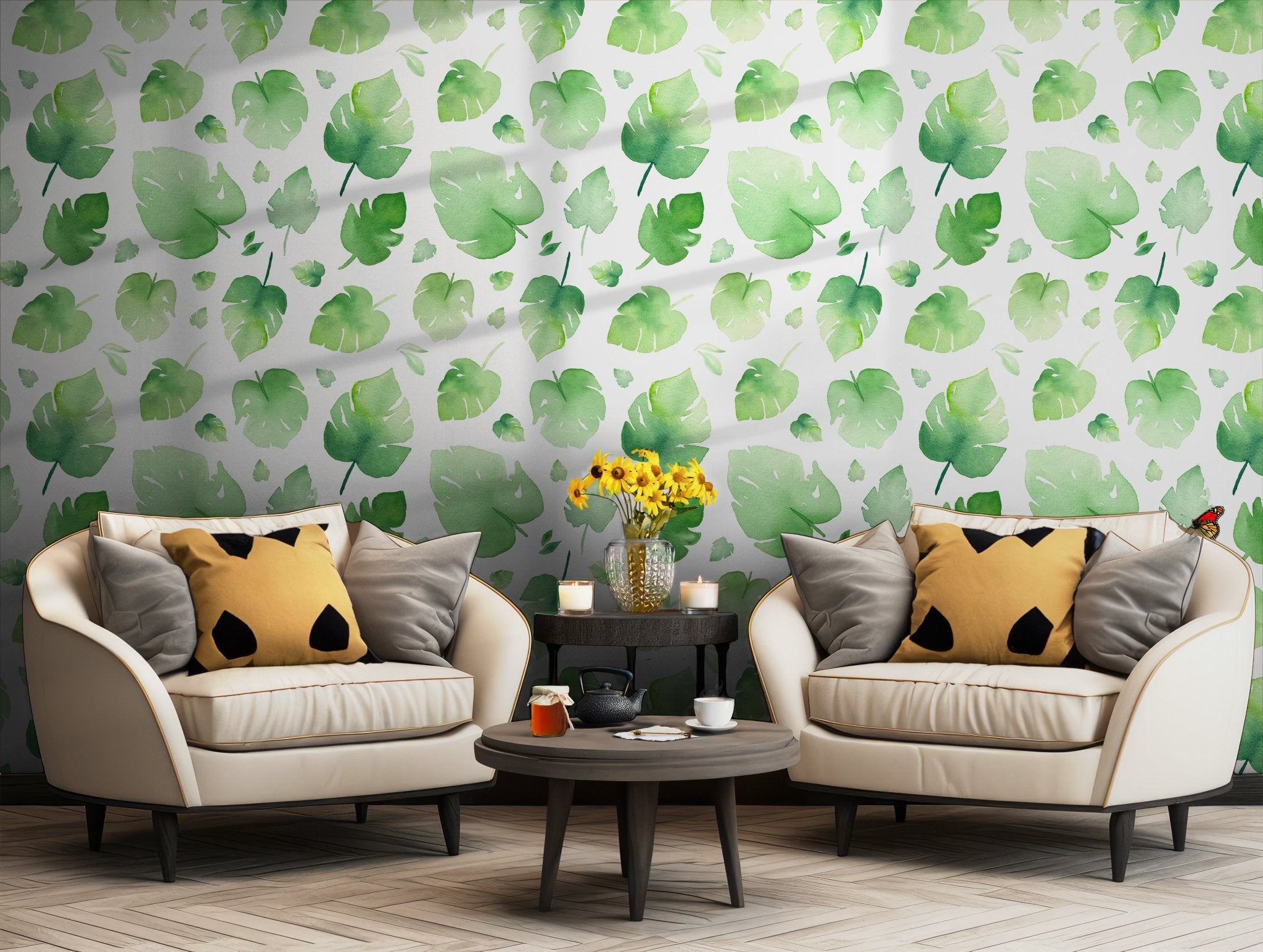 Green on White Wallpaper - Self Adhesive - Watercolor Monstera Leaf Tropical Nature BV245
