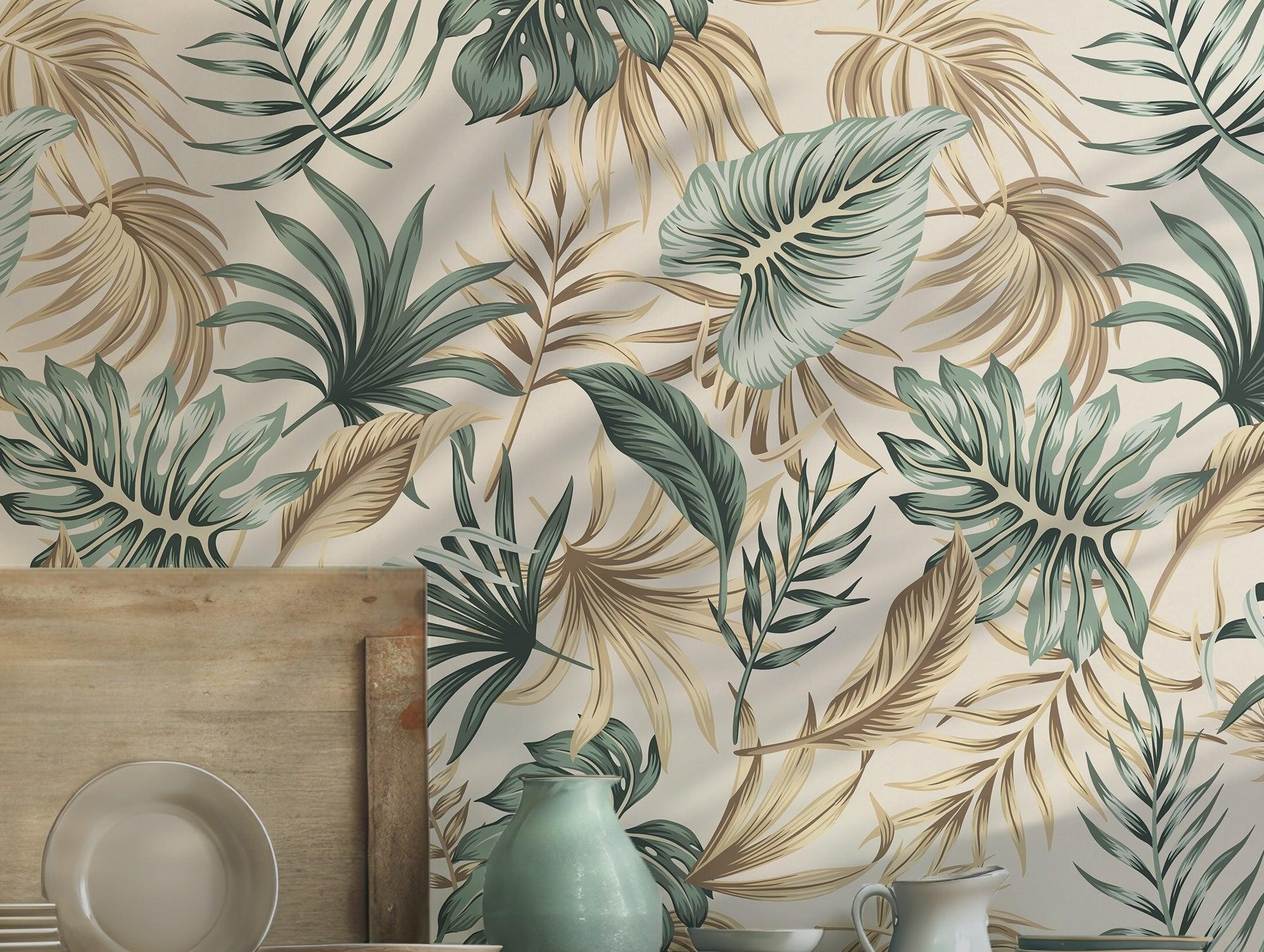 Green Palm Monstera Tropical Wallpaper - Peel and Stick Self Adhesive - Leaf Botanical Jungle BV081