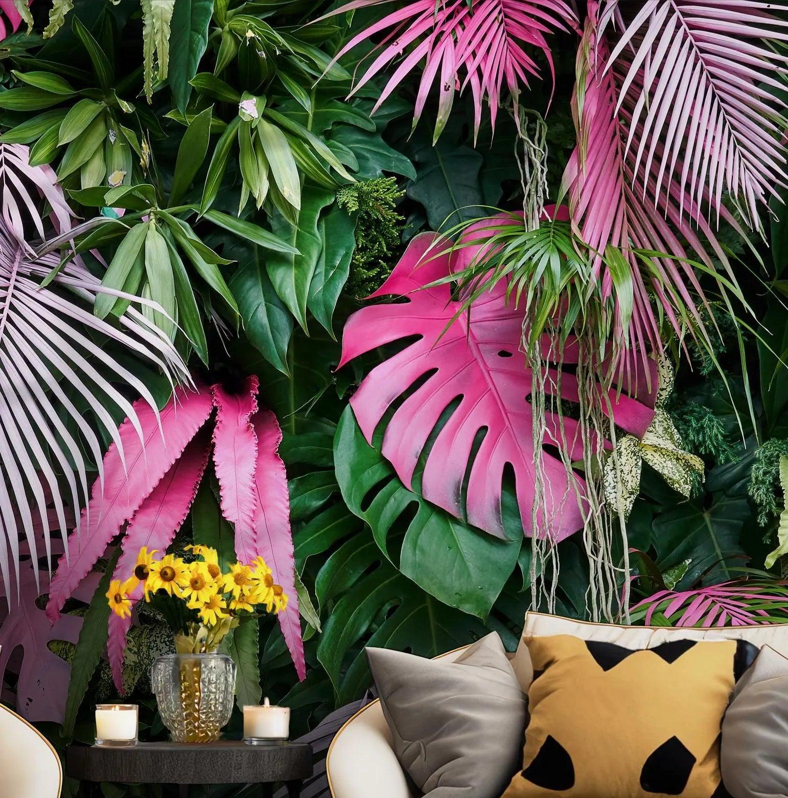 Green Pink Leaves Wallpaper - Peel and Stick Removable Wall Mural - Tropical Monstera Palm Leaf BV150