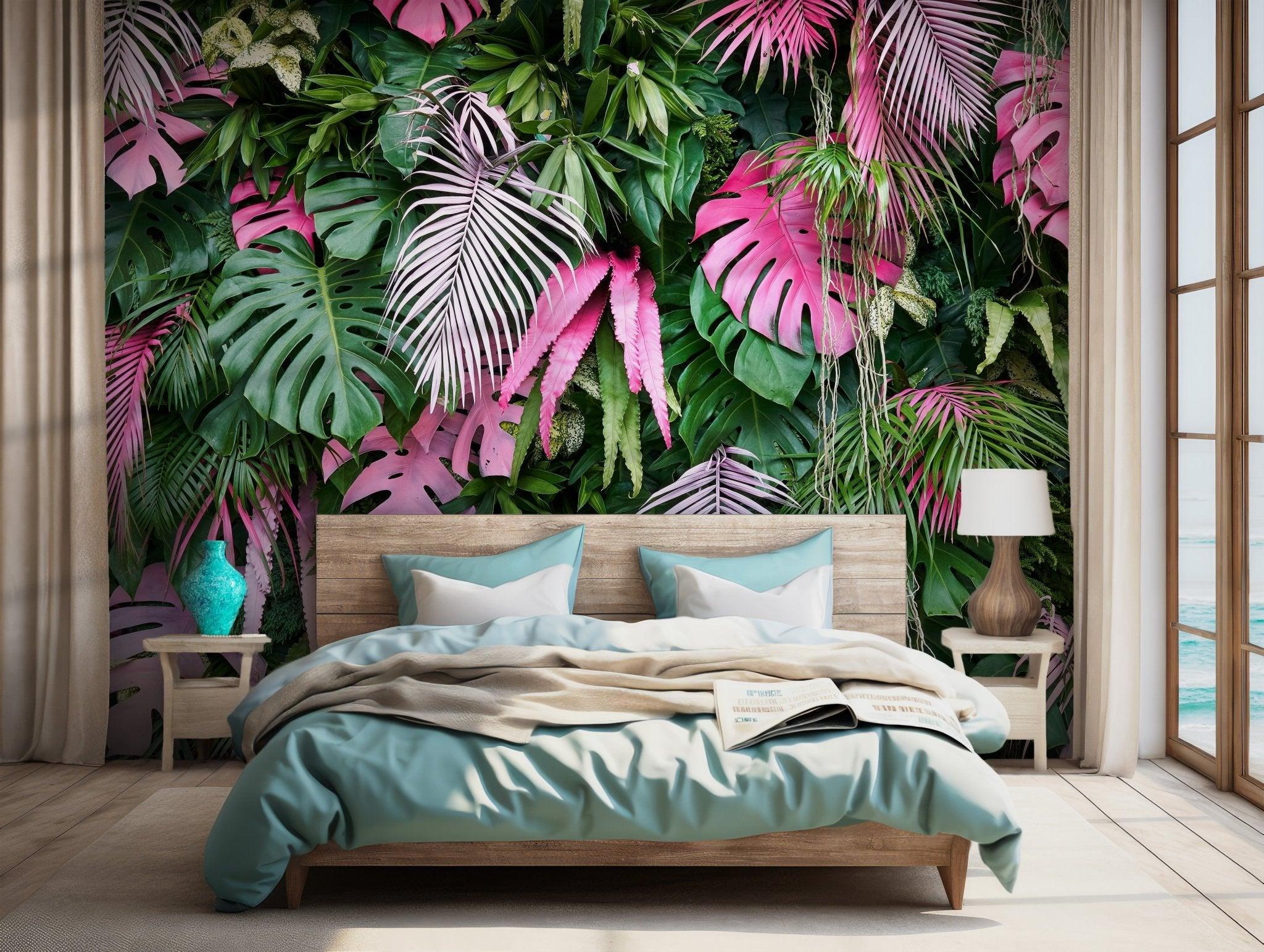 Green Pink Leaves Wallpaper - Peel and Stick Removable Wall Mural - Tropical Monstera Palm Leaf BV150