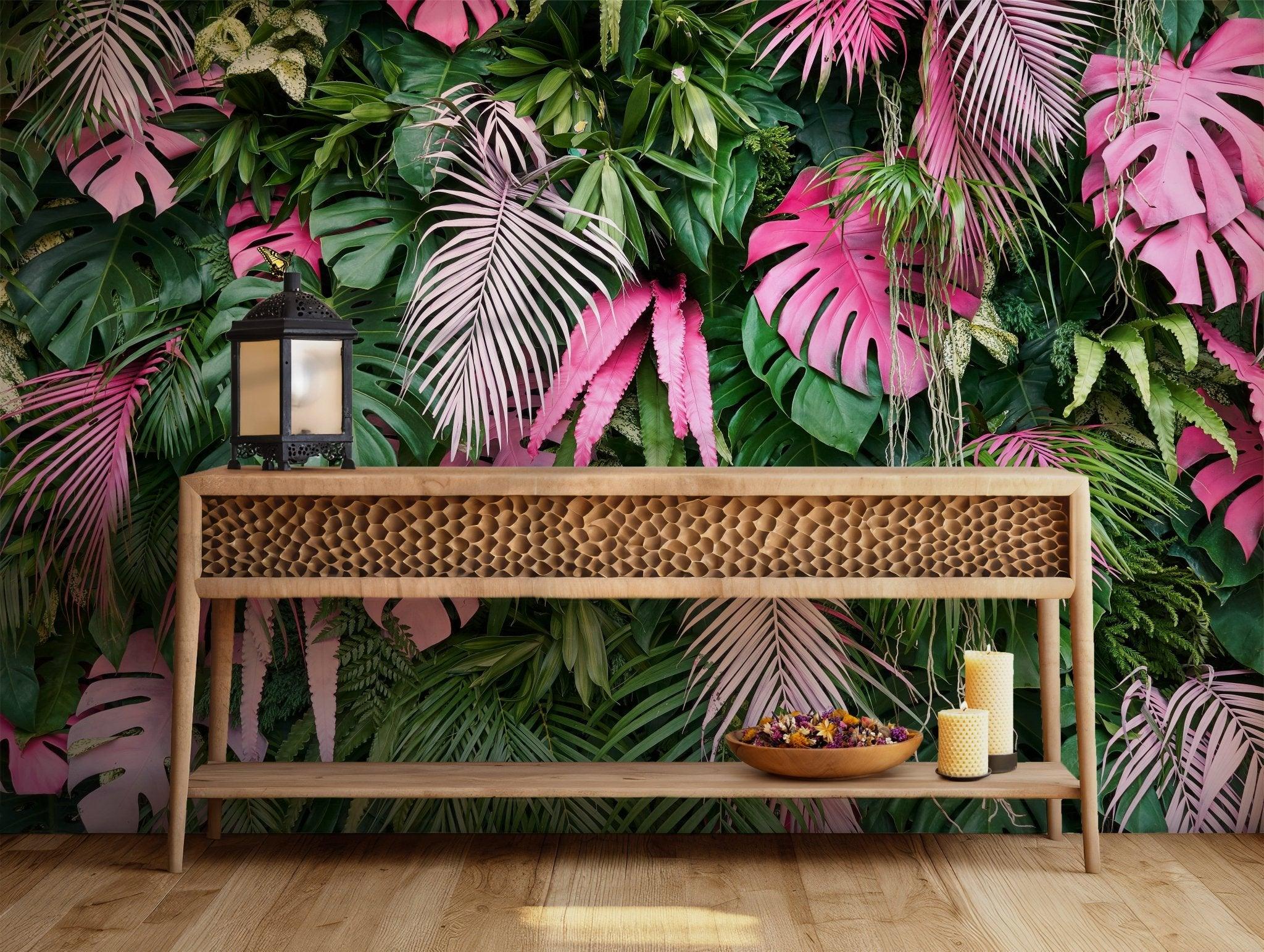 Green Pink Leaves Wallpaper - Peel and Stick Removable Wall Mural - Tropical Monstera Palm Leaf BV150
