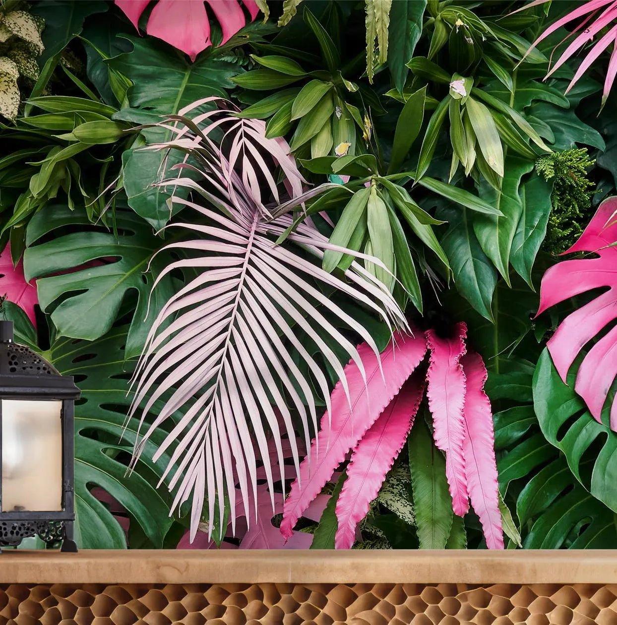 Green Pink Leaves Wallpaper - Peel and Stick Removable Wall Mural - Tropical Monstera Palm Leaf BV150