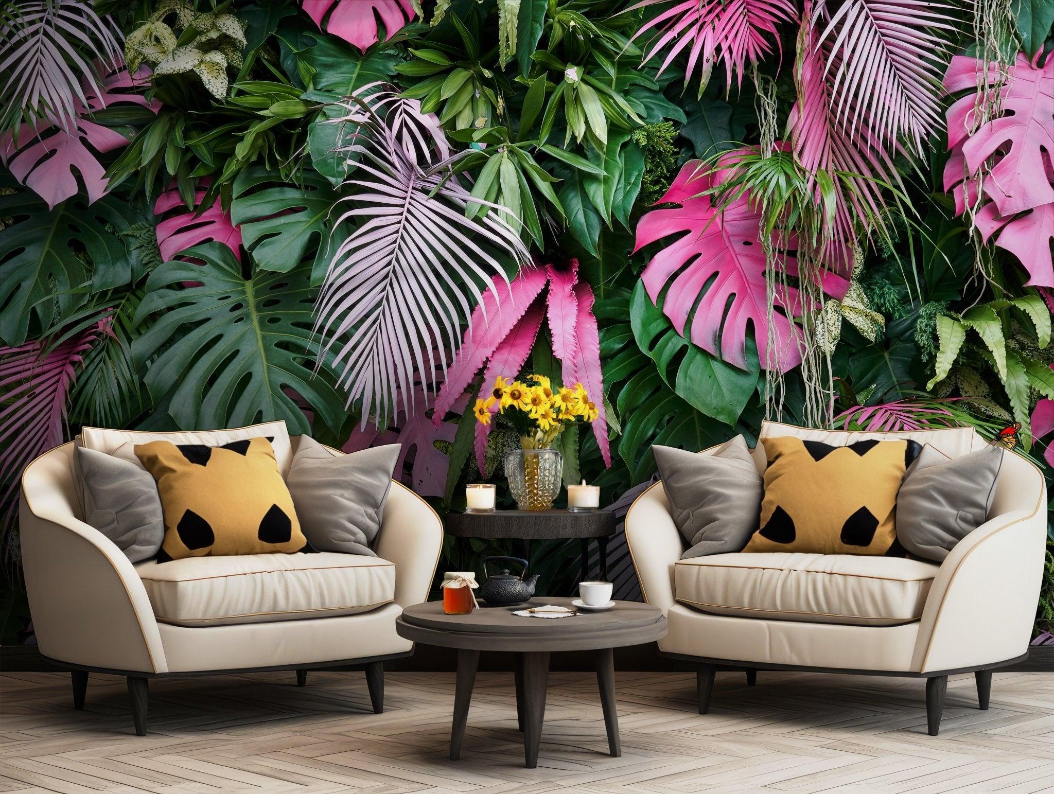 Green Pink Leaves Wallpaper - Peel and Stick Removable Wall Mural - Tropical Monstera Palm Leaf BV150