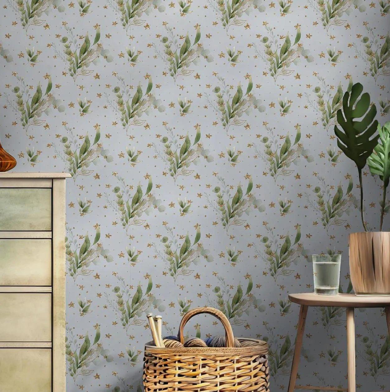 Greenery with Gold Wallpaper - Self Adhesive Peel and Stick - Watercolor Floral Botanical Leaves BV333
