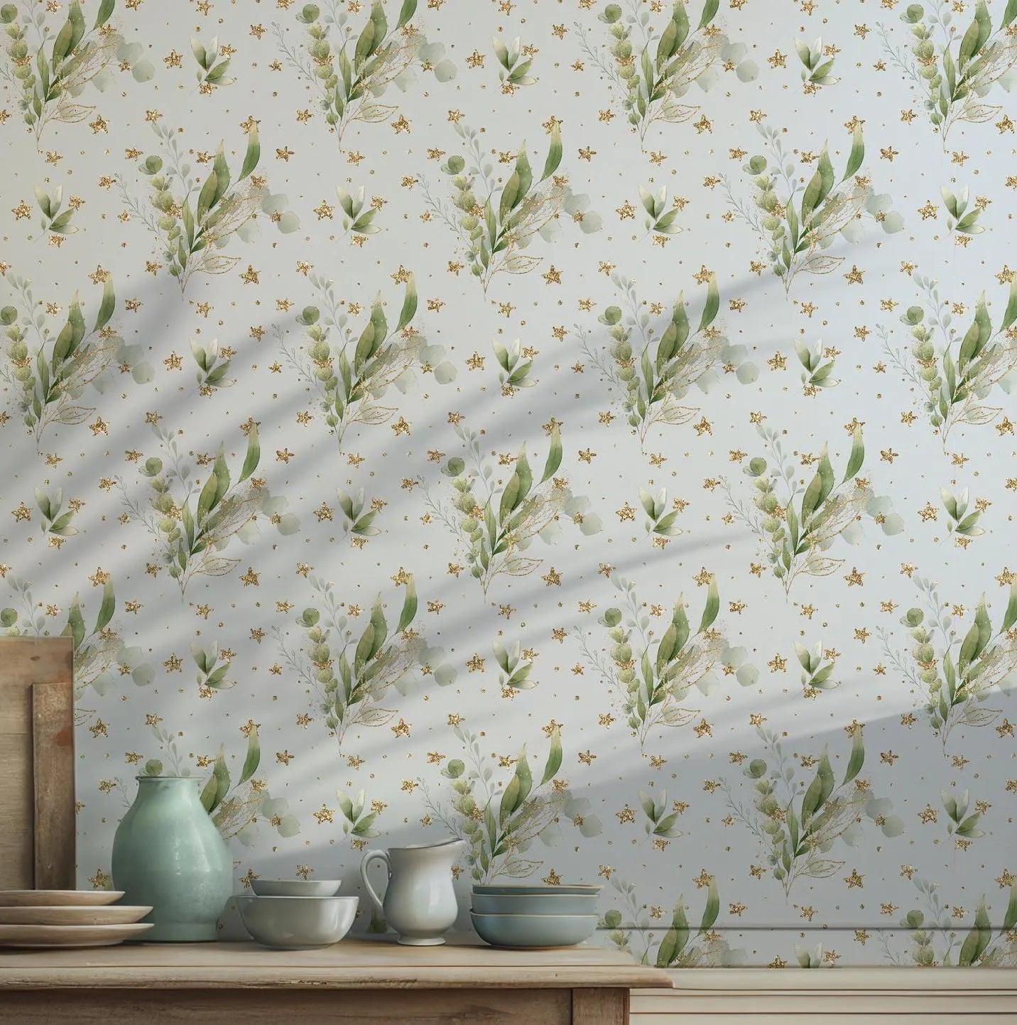 Greenery with Gold Wallpaper - Self Adhesive Peel and Stick - Watercolor Floral Botanical Leaves BV333