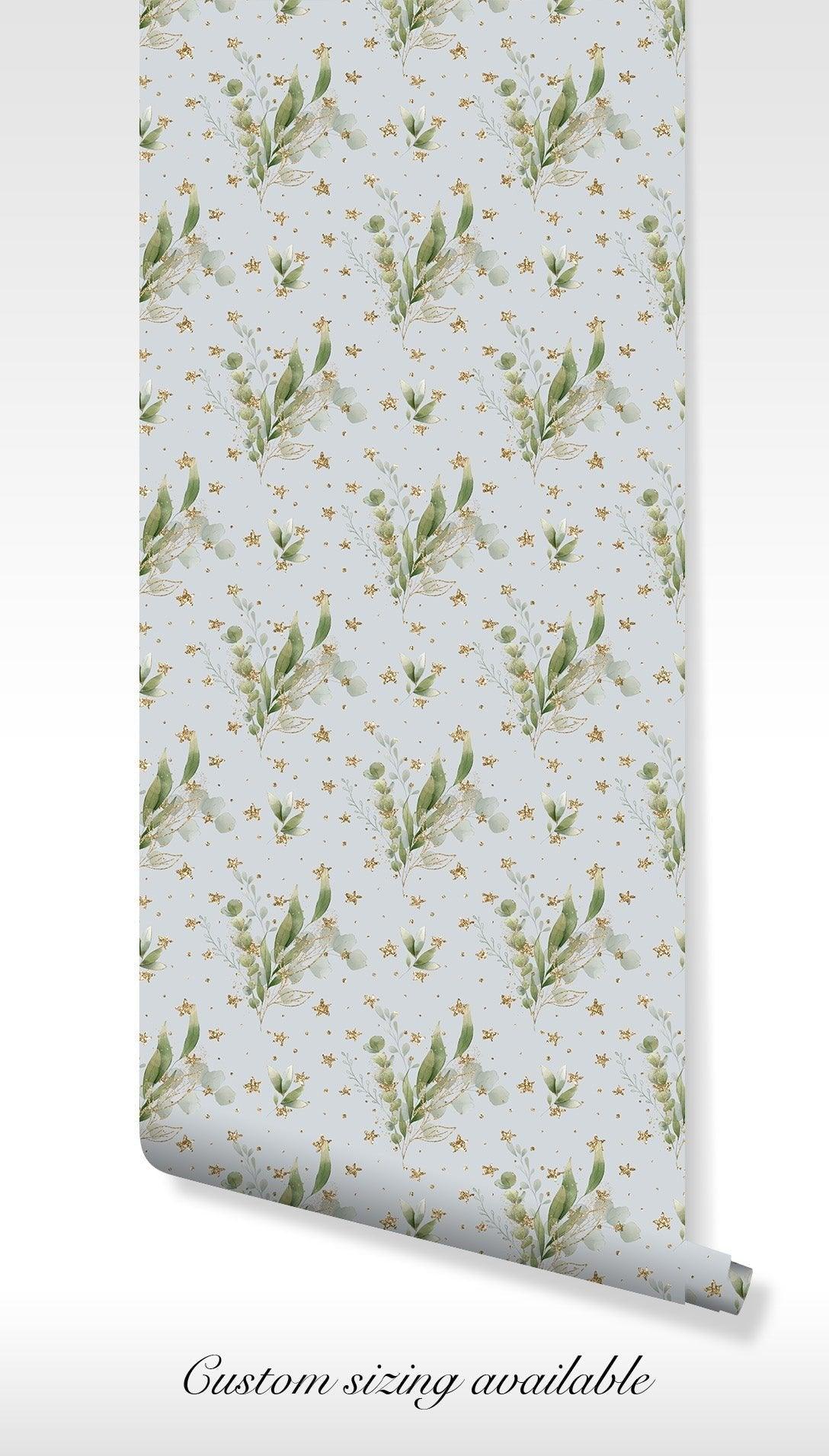 Greenery with Gold Wallpaper - Self Adhesive Peel and Stick - Watercolor Floral Botanical Leaves BV333