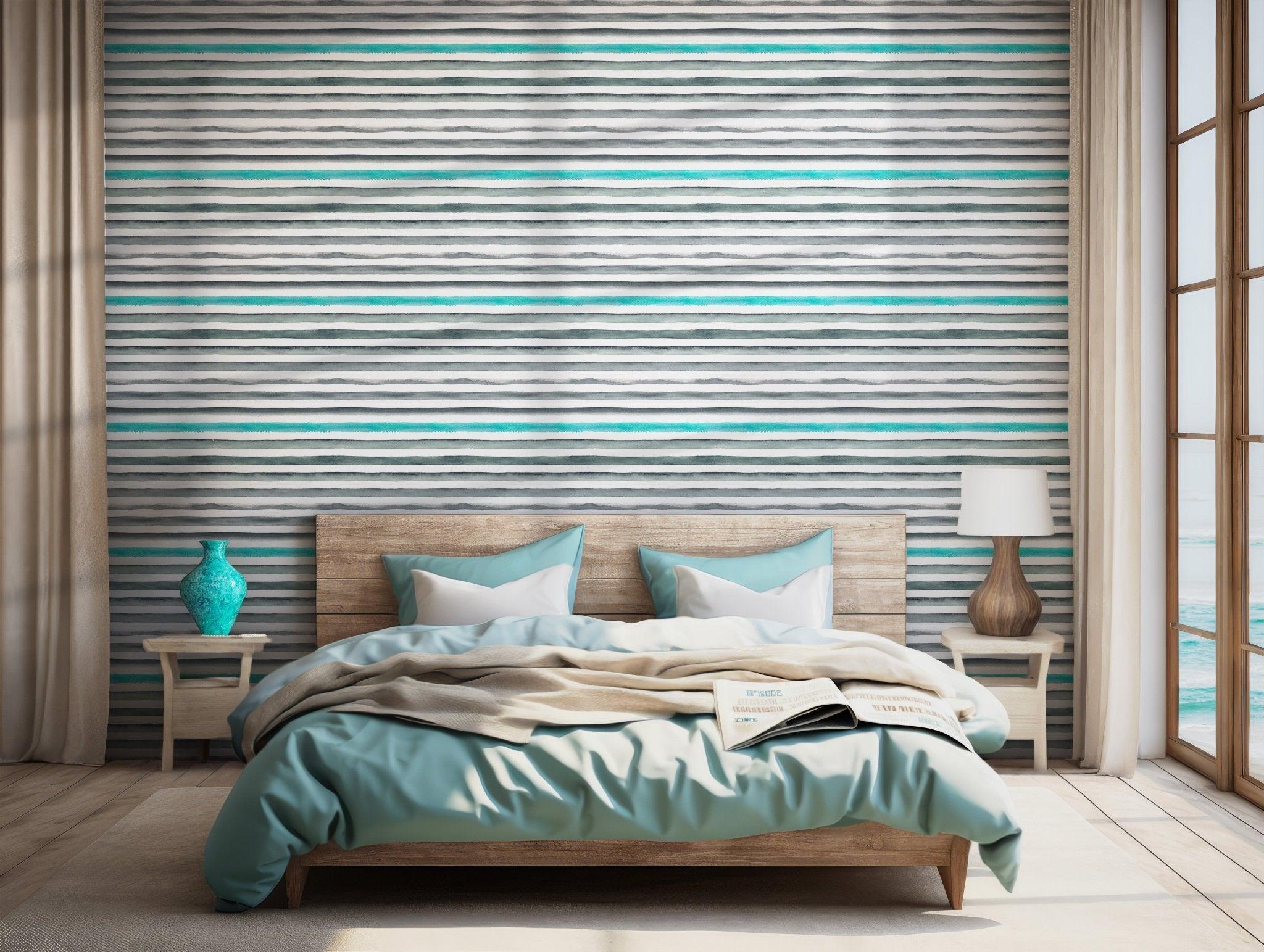 Hand Painted Stripe Wallpaper - Self Adhesive Peel and Stick - Modern Watercolor Coastal BV242