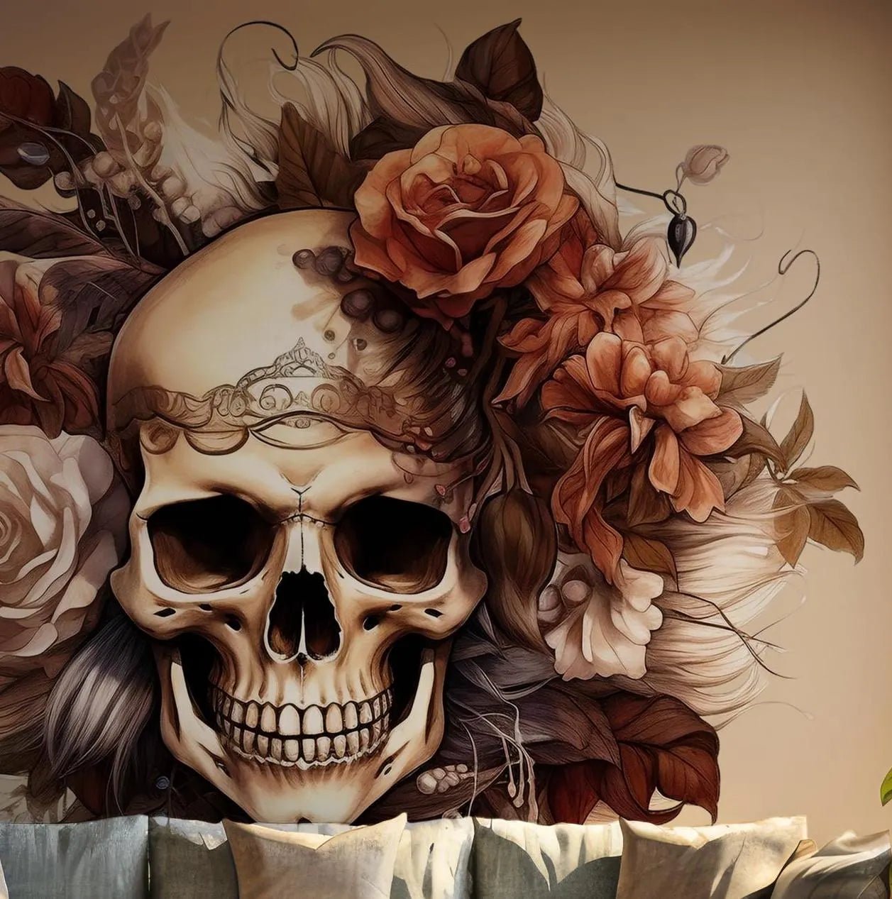 Harley Davidson Floral Skull Self Adhesive Peel and Stick Wall Mural Art Gothic Bohemian BV278