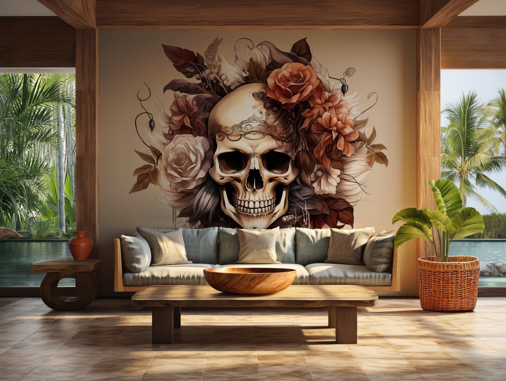 Harley Davidson Floral Skull Self Adhesive Peel and Stick Wall Mural Art Gothic Bohemian BV278