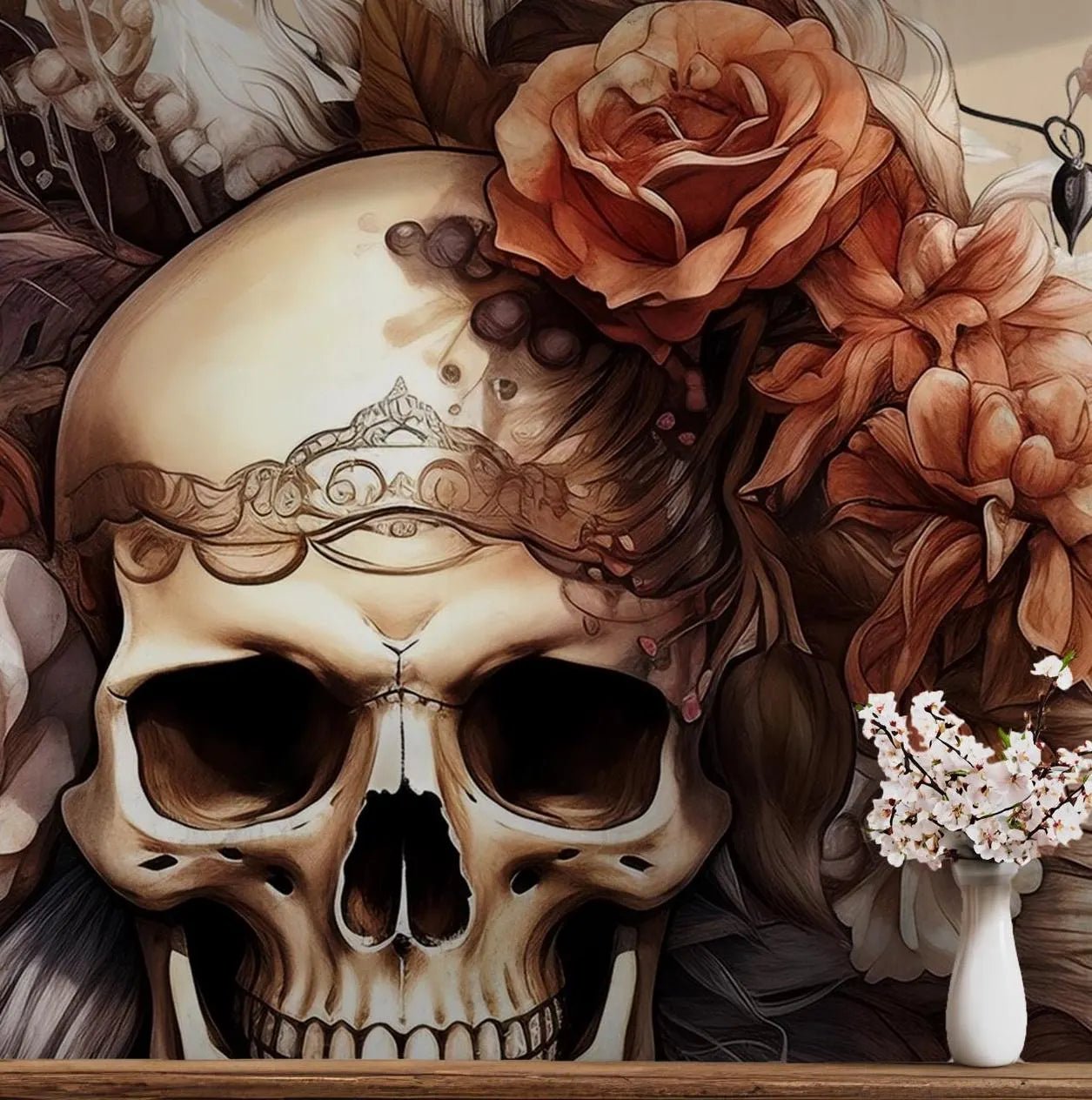 Harley Davidson Floral Skull Self Adhesive Peel and Stick Wall Mural Art Gothic Bohemian BV278
