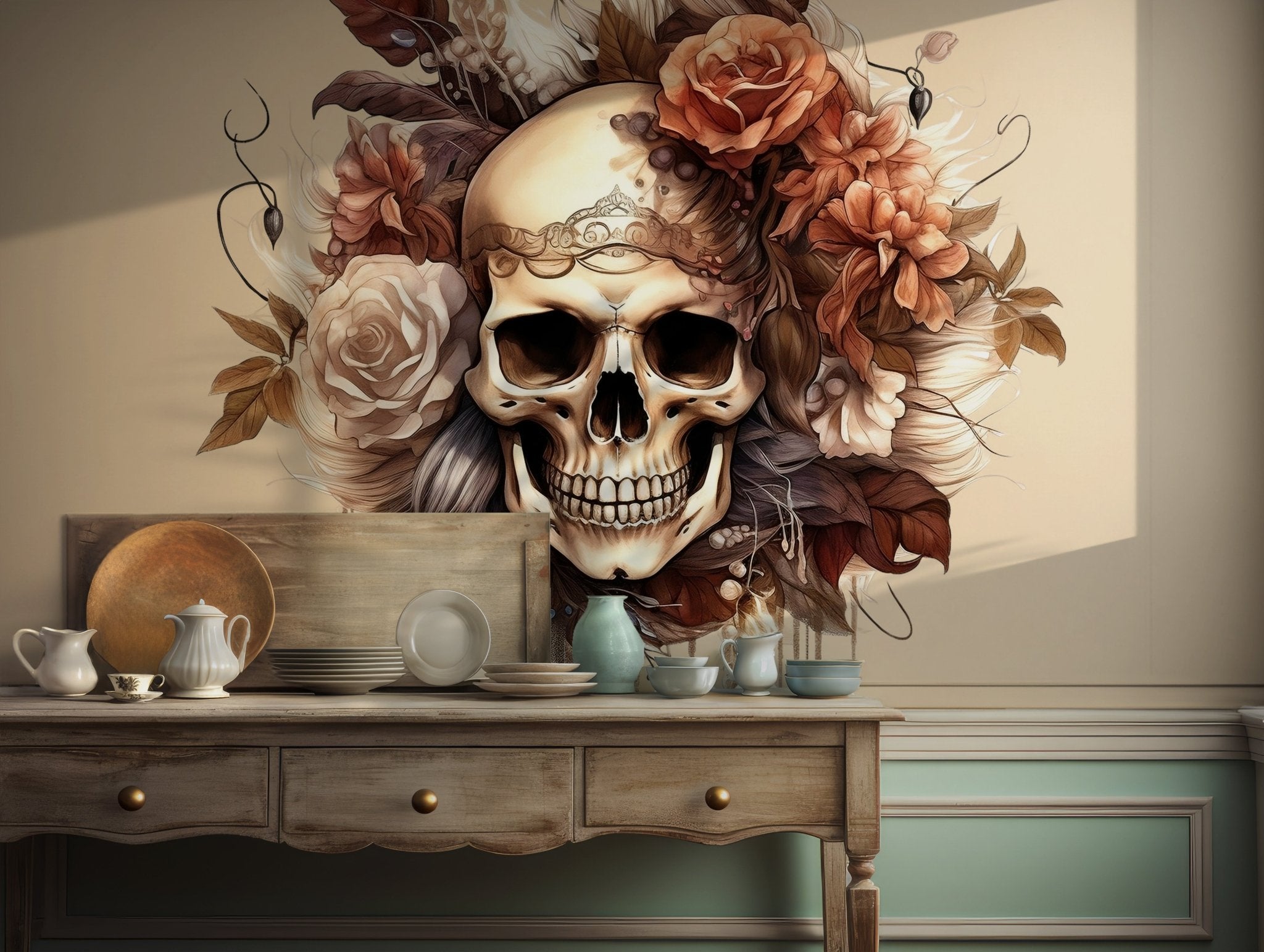 Harley Davidson Floral Skull Self Adhesive Peel and Stick Wall Mural Art Gothic Bohemian BV278