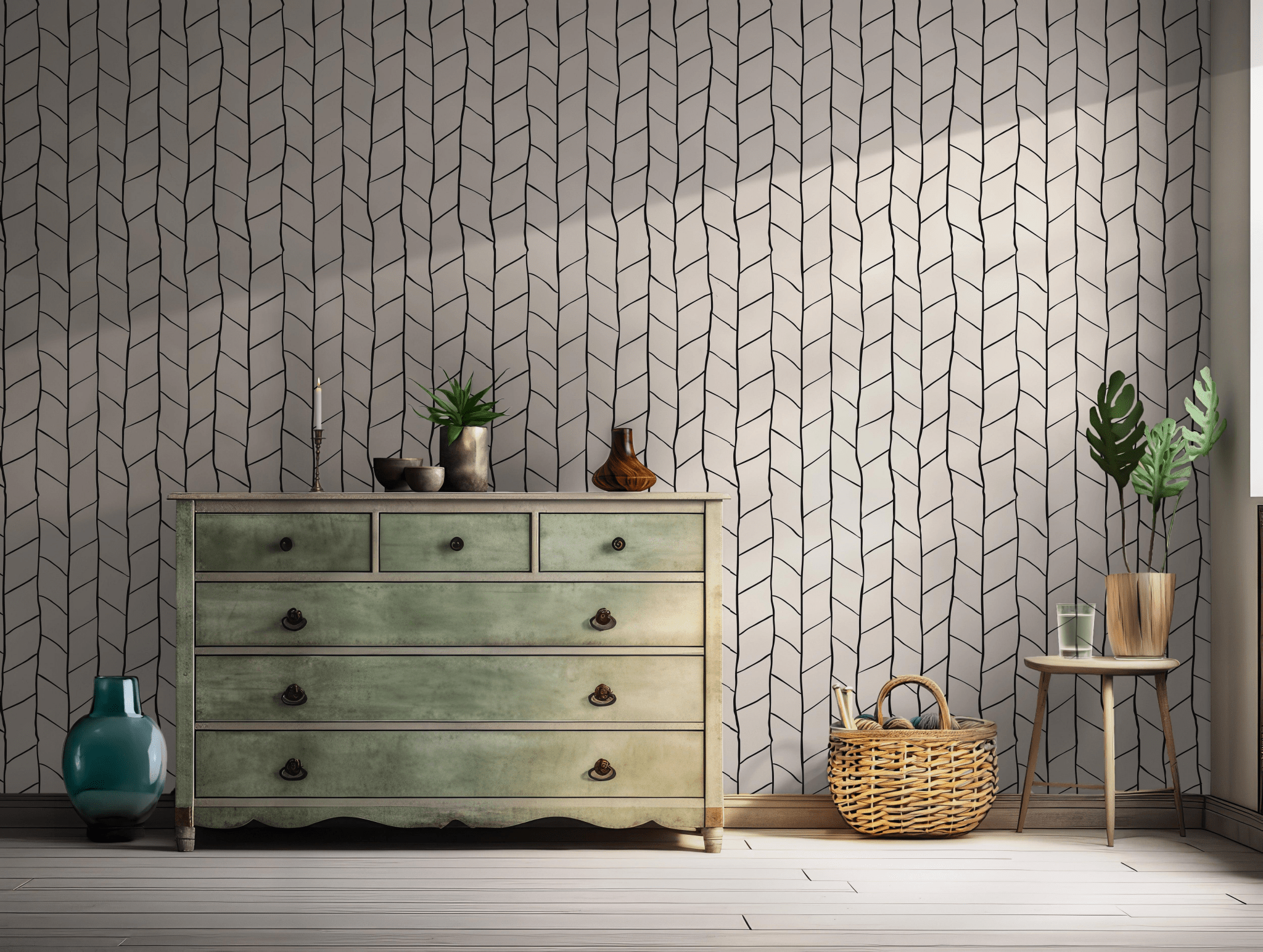 Herringbone Boho Wallpaper - Self Adhesive Peel and Stick - Fluid Modern Minimalist Aesthetic BV304