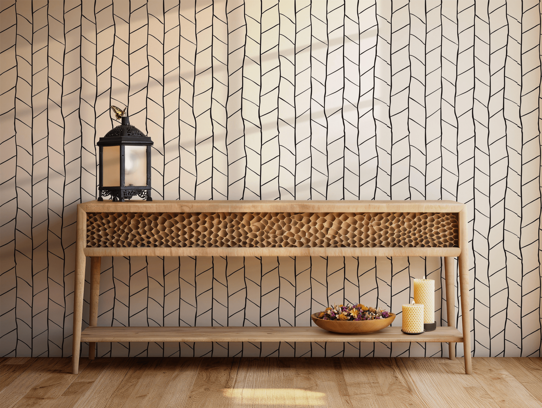 Herringbone Boho Wallpaper - Self Adhesive Peel and Stick - Fluid Modern Minimalist Aesthetic BV304