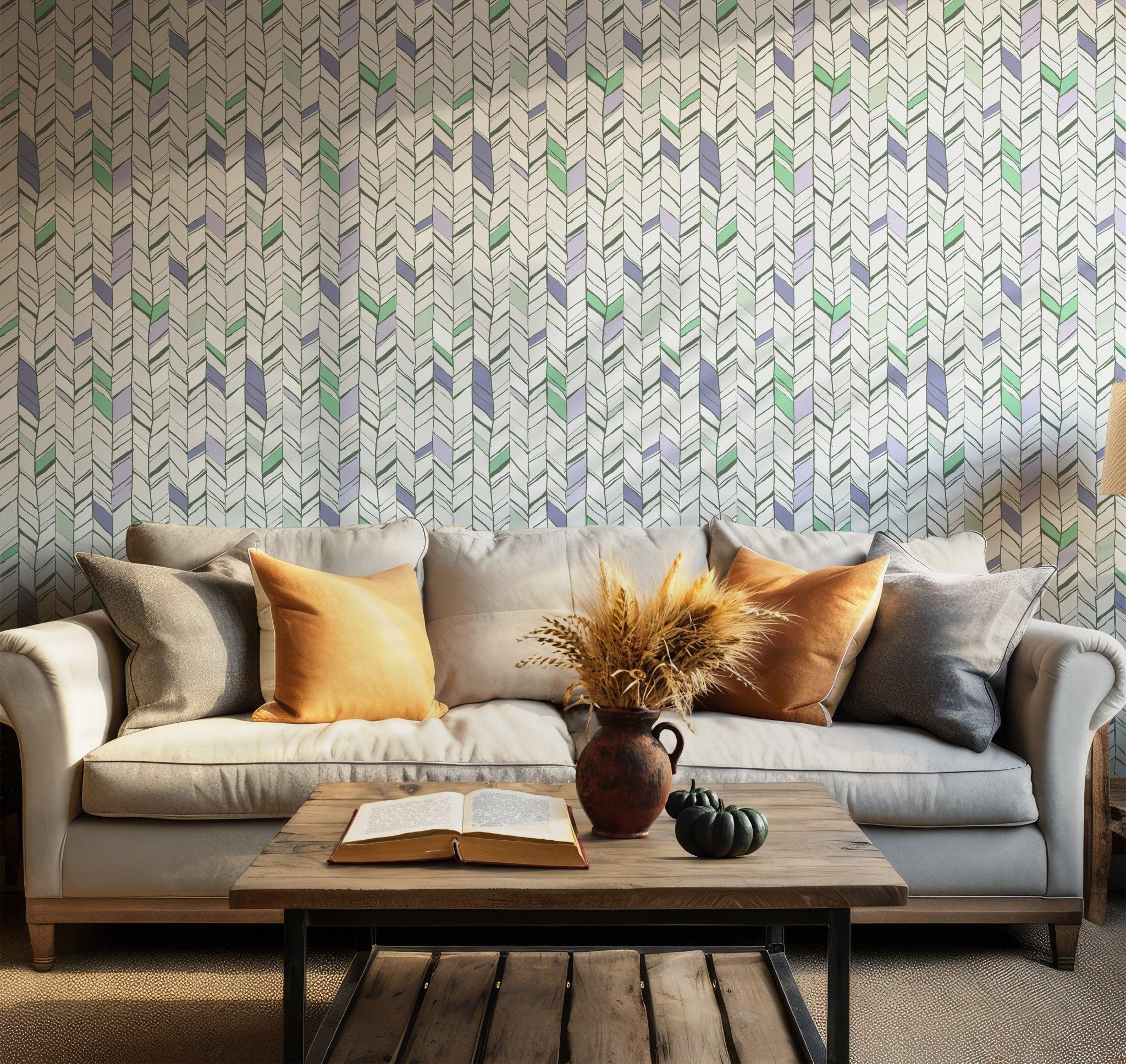 Herringbone Removable Wallpaper - Peel and Stick Chevron Wall Mural - Temporary Modern Geometric Decal - Adhesive Green Wall Decor BV093