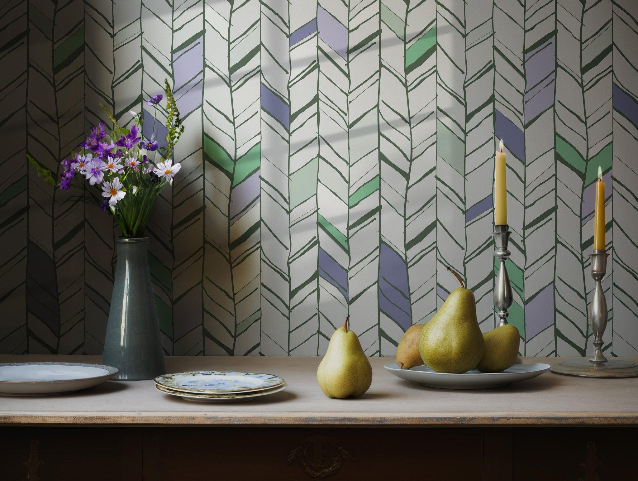 Herringbone Removable Wallpaper - Peel and Stick Chevron Wall Mural - Temporary Modern Geometric Decal - Adhesive Green Wall Decor BV093