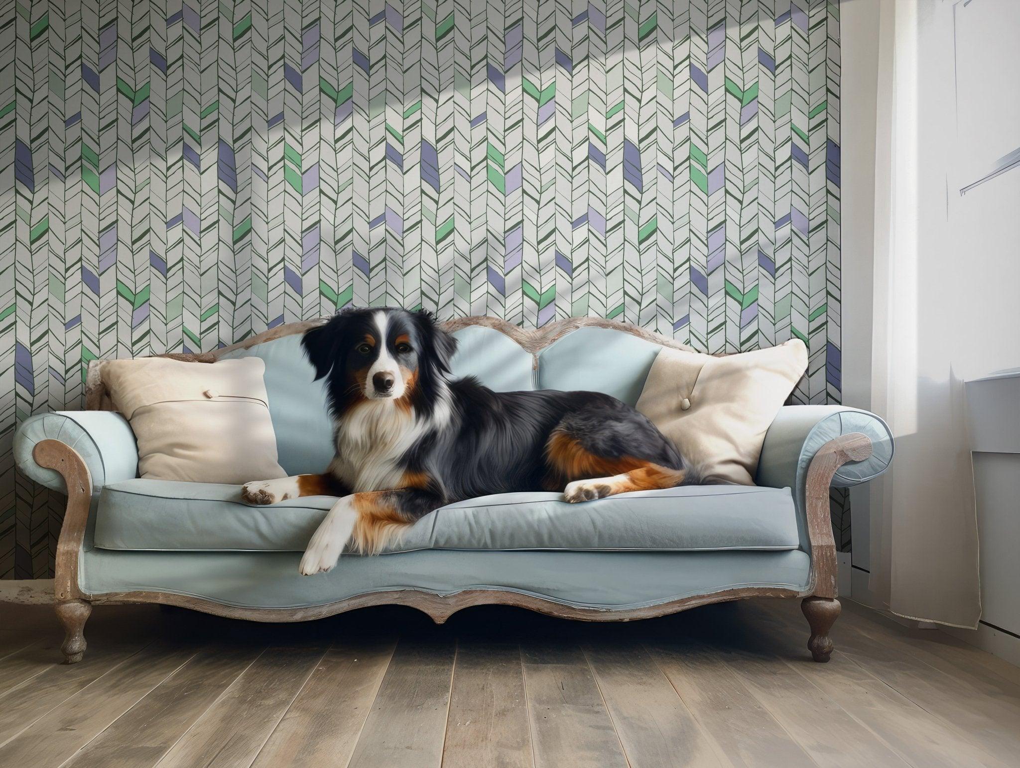 Herringbone Chevron Wallpaper - Peel and Stick Wall Mural - Temporary Geometric Green BV093
