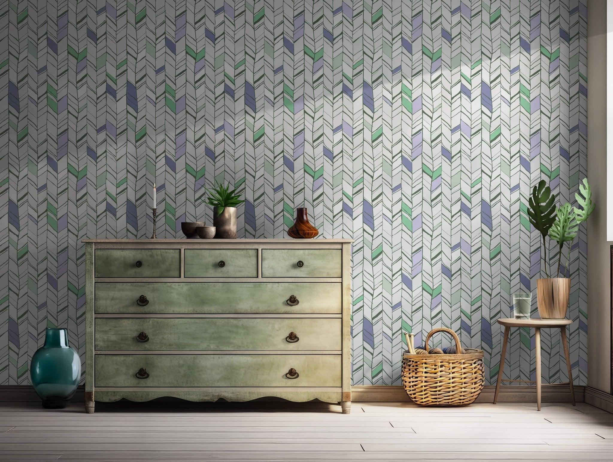 Herringbone Chevron Wallpaper - Peel and Stick Wall Mural - Temporary Geometric Green BV093