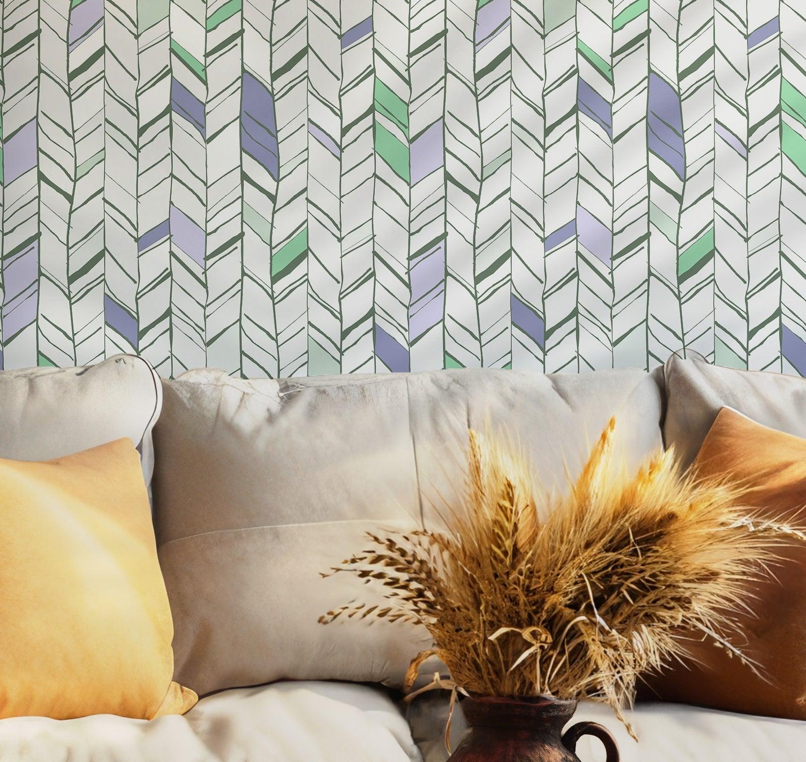 Herringbone Chevron Wallpaper - Peel and Stick Wall Mural - Temporary Geometric Green BV093
