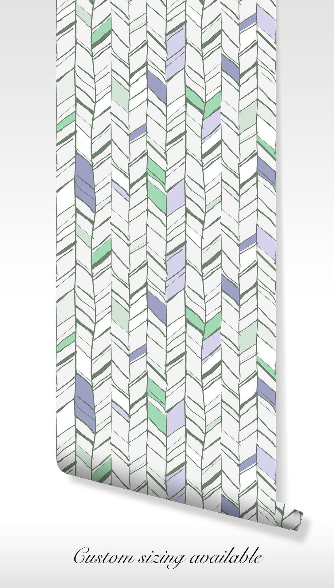 Herringbone Chevron Wallpaper - Peel and Stick Wall Mural - Temporary Geometric Green BV093