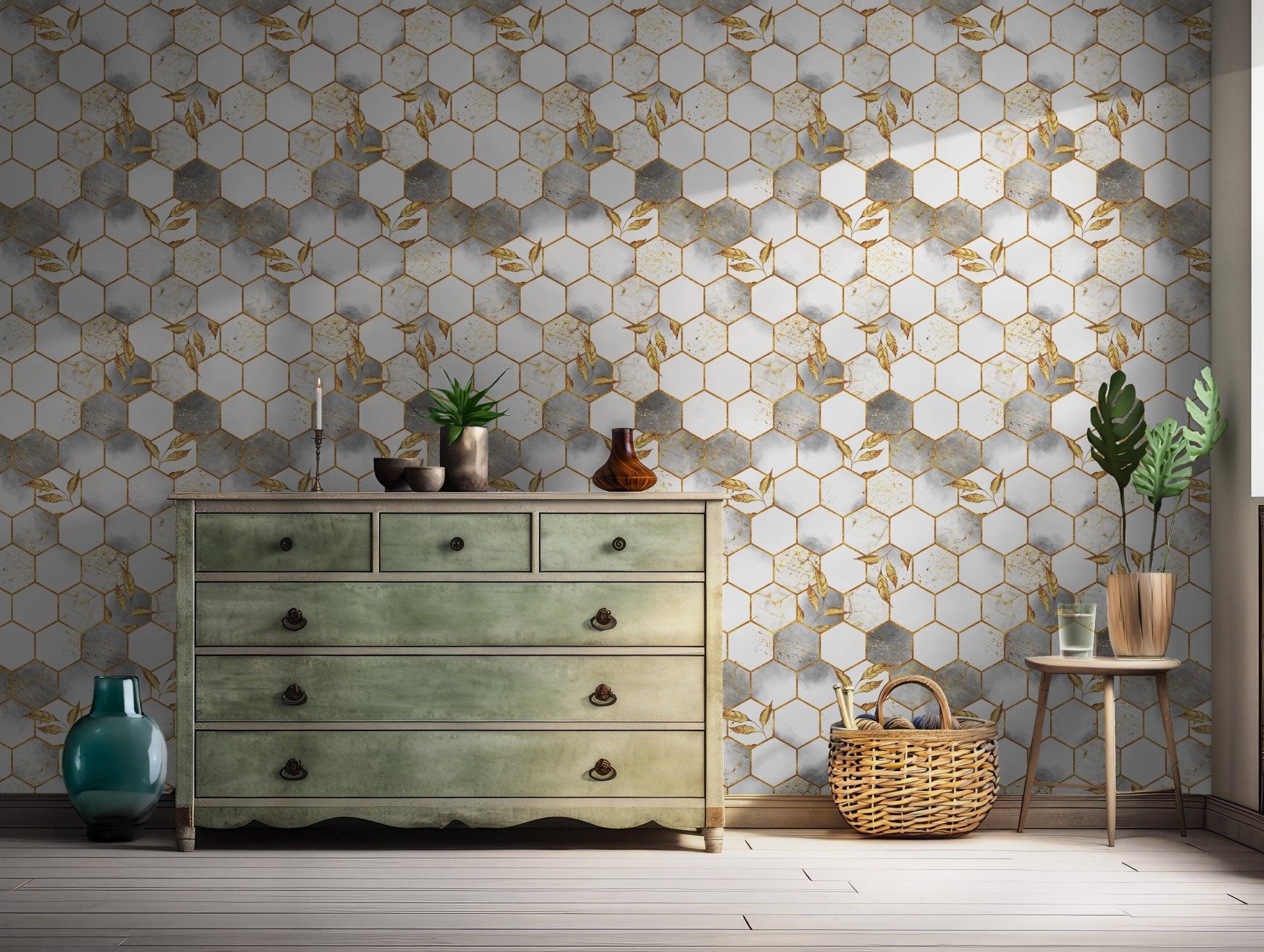 Hexagon Gold Marble Peel and Stick Wallpaper - Elegant Metallic Geometric Accent BV135