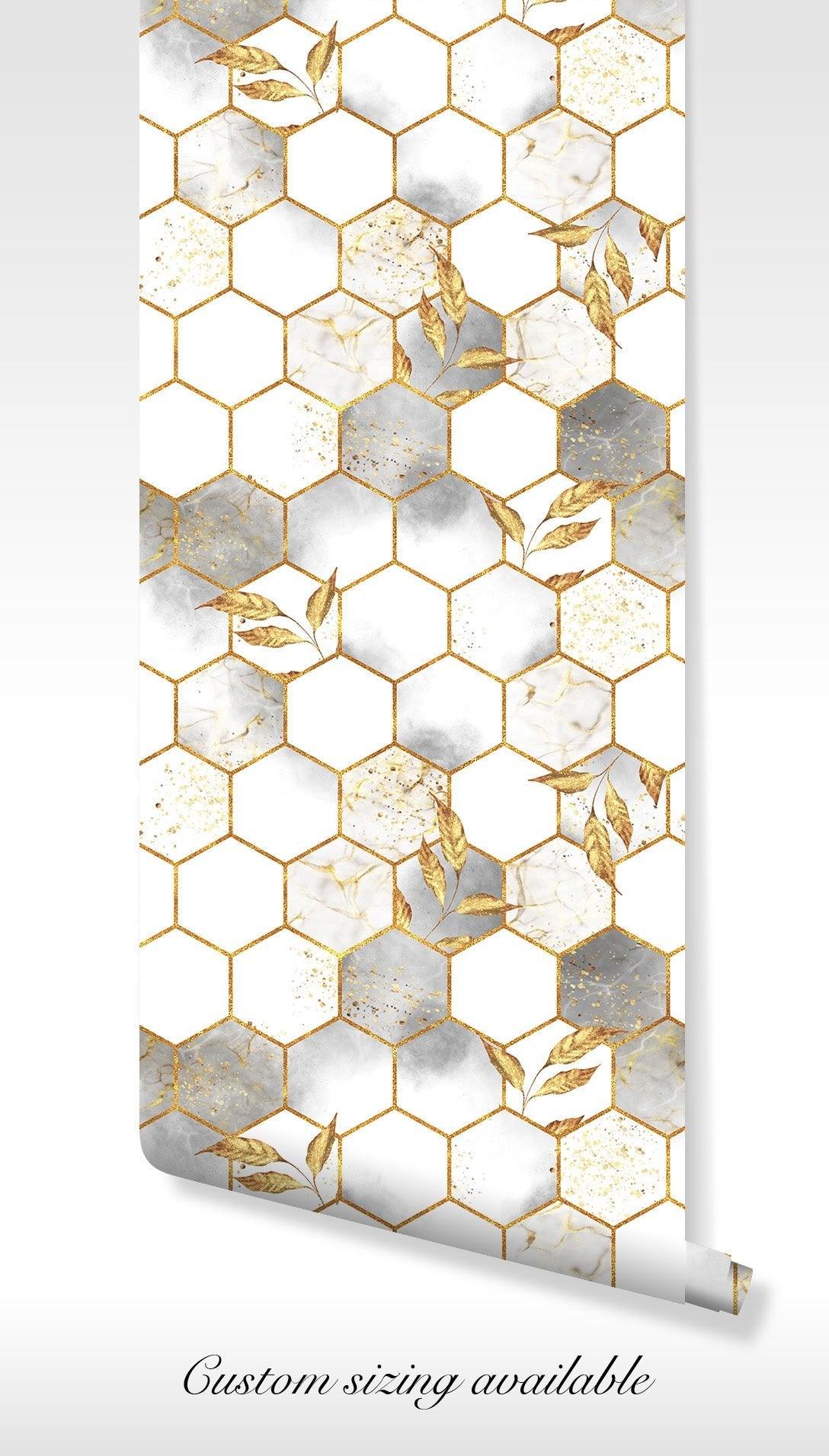 Hexagon Gold Marble Peel and Stick Wallpaper - Elegant Metallic Geometric Accent BV135