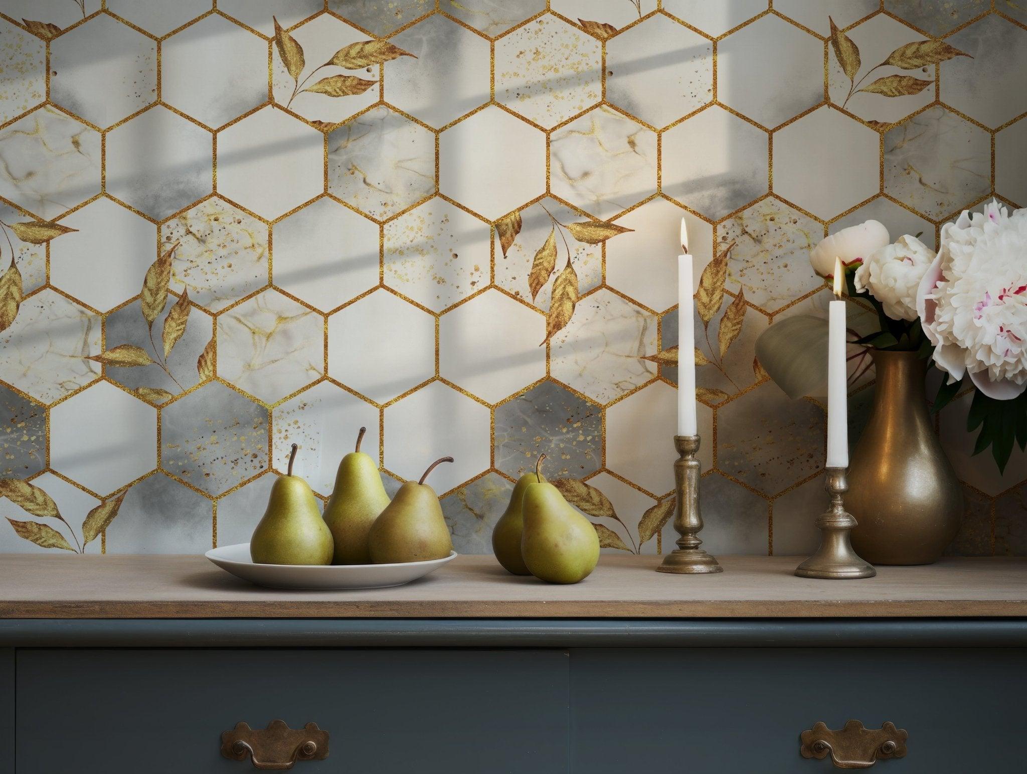 Hexagon Gold Marble Peel and Stick Wallpaper - Elegant Metallic Geometric Accent BV135