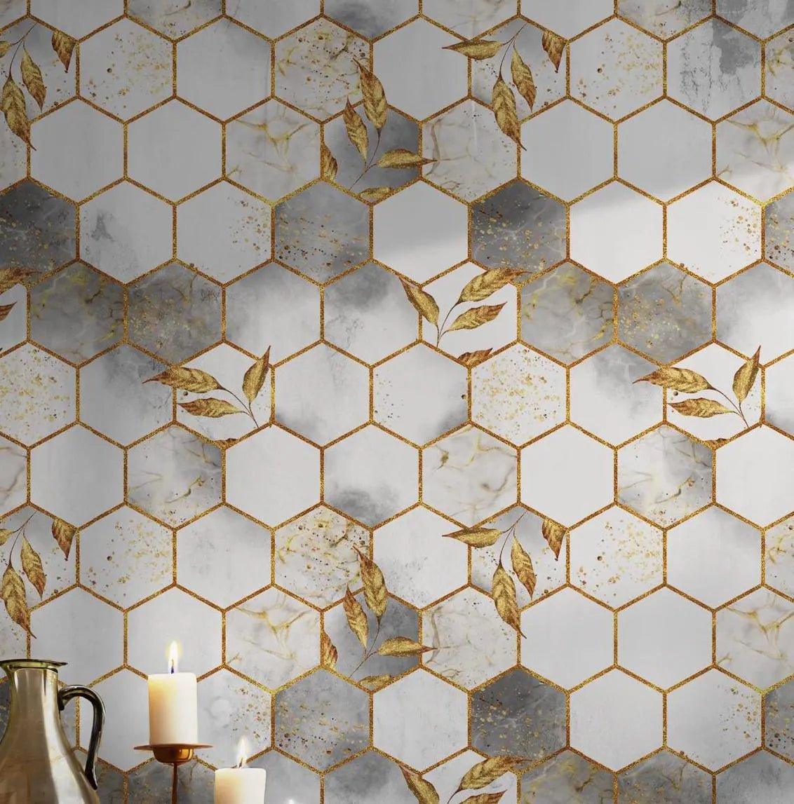 Hexagon Gold Marble Peel and Stick Wallpaper - Elegant Metallic Geometric Accent BV135
