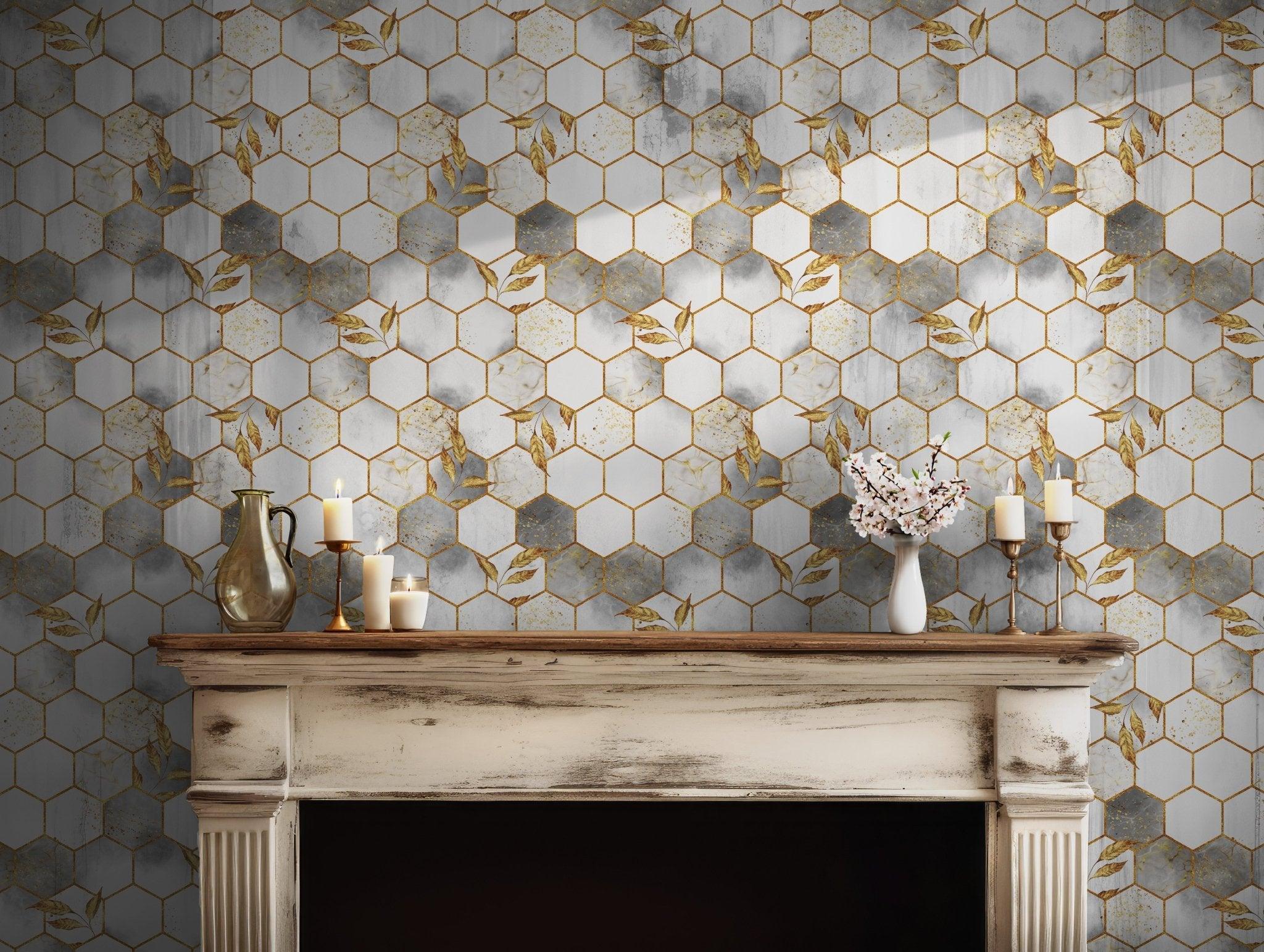 Hexagon Gold Marble Peel and Stick Wallpaper - Elegant Metallic Geometric Accent BV135