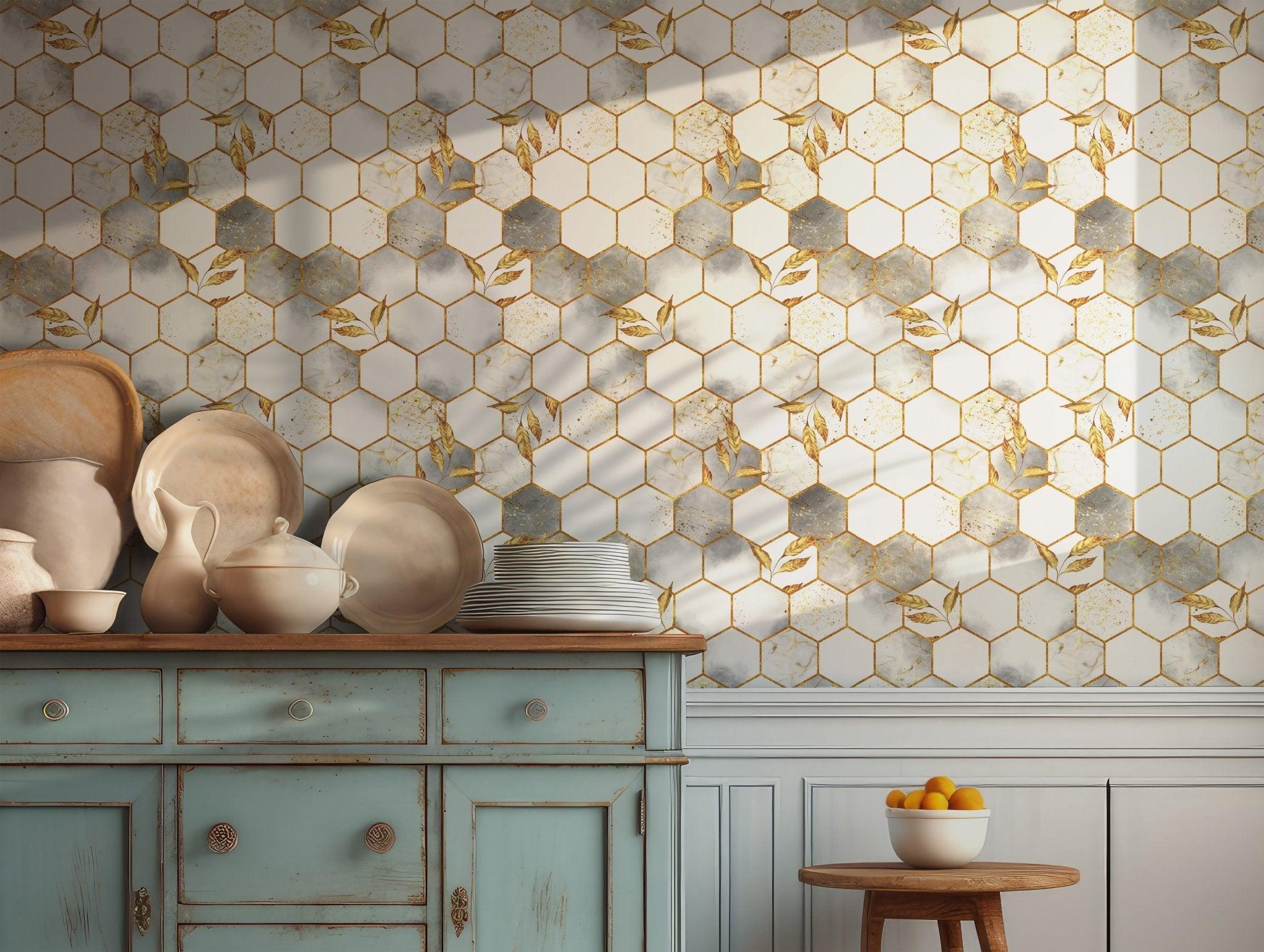 Hexagon Gold Marble Peel and Stick Wallpaper - Elegant Metallic Geometric Accent BV135