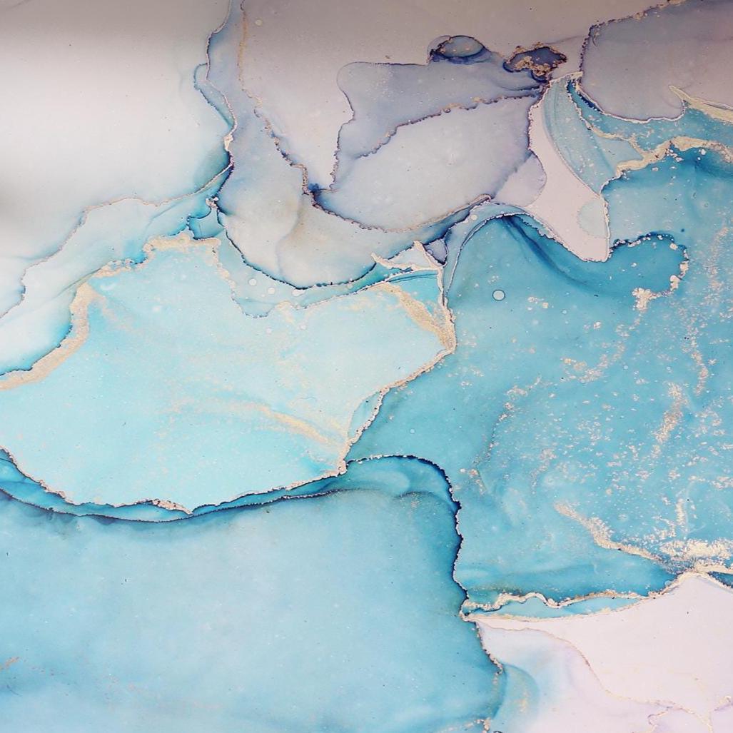 Blue Fluid Marble Wallpaper - Peel and Stick Wall Mural - Gold Accents Artistic Ink Cool Tones BV309