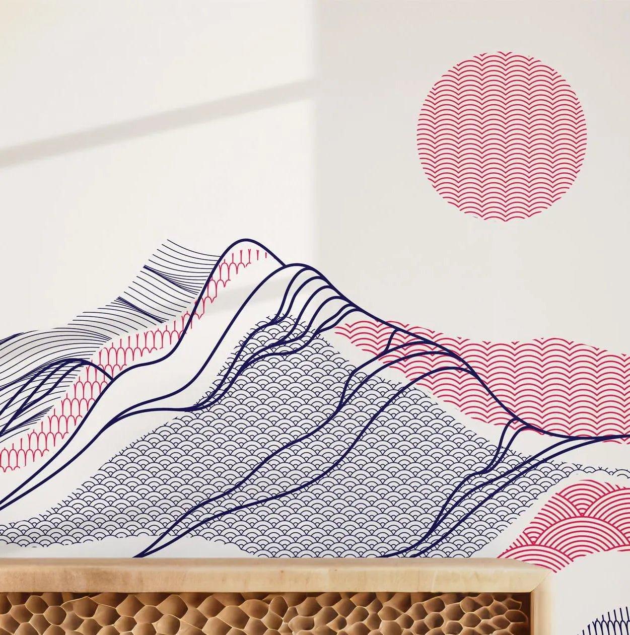 Japanese Mountain Lines Wave Wallpaper - Peel and Stick Wall Mural - Red and Blue Minimalist BV276
