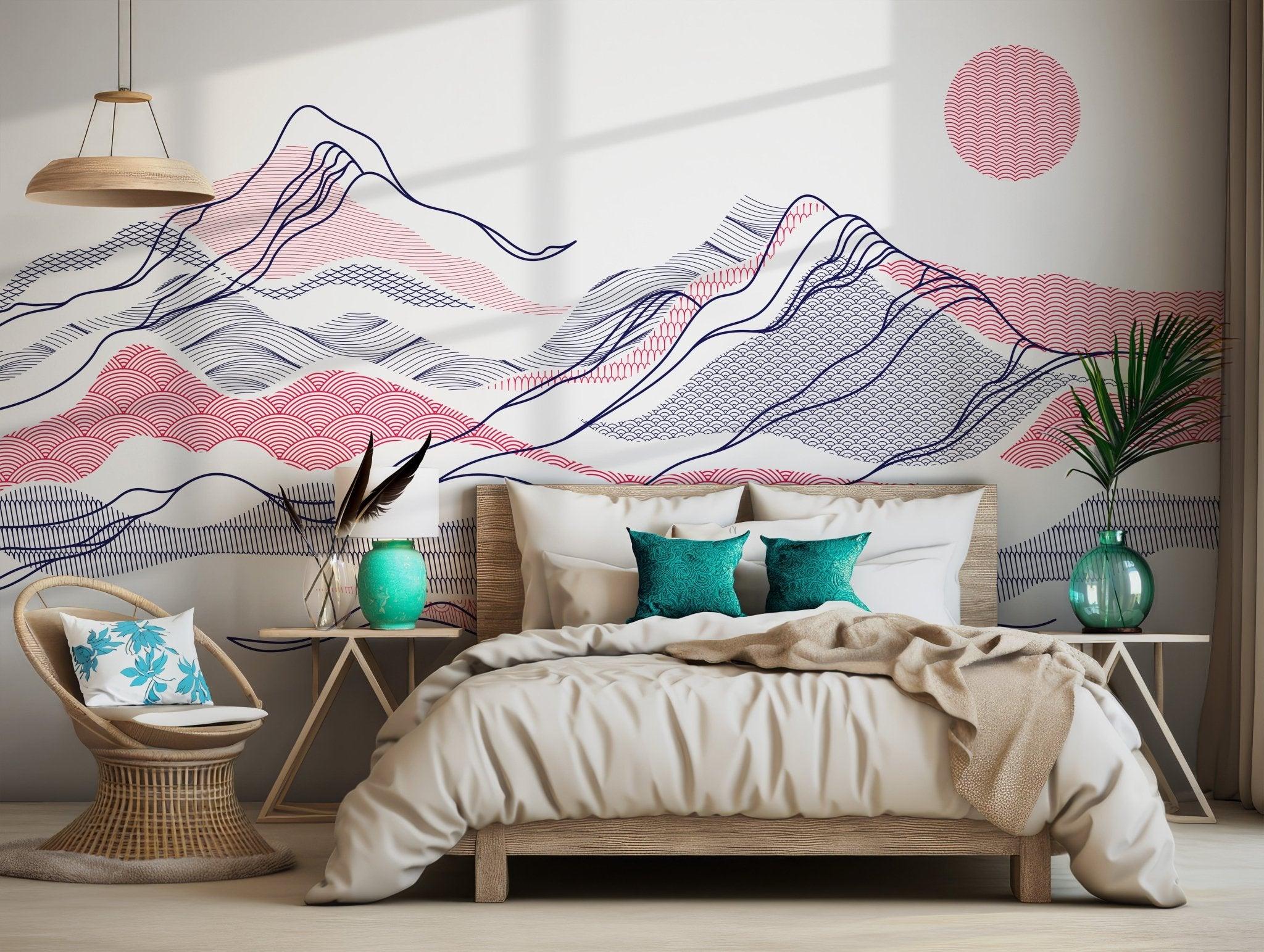 Japanese Mountain Lines Wave Wallpaper - Peel and Stick Wall Mural - Red and Blue Minimalist BV276