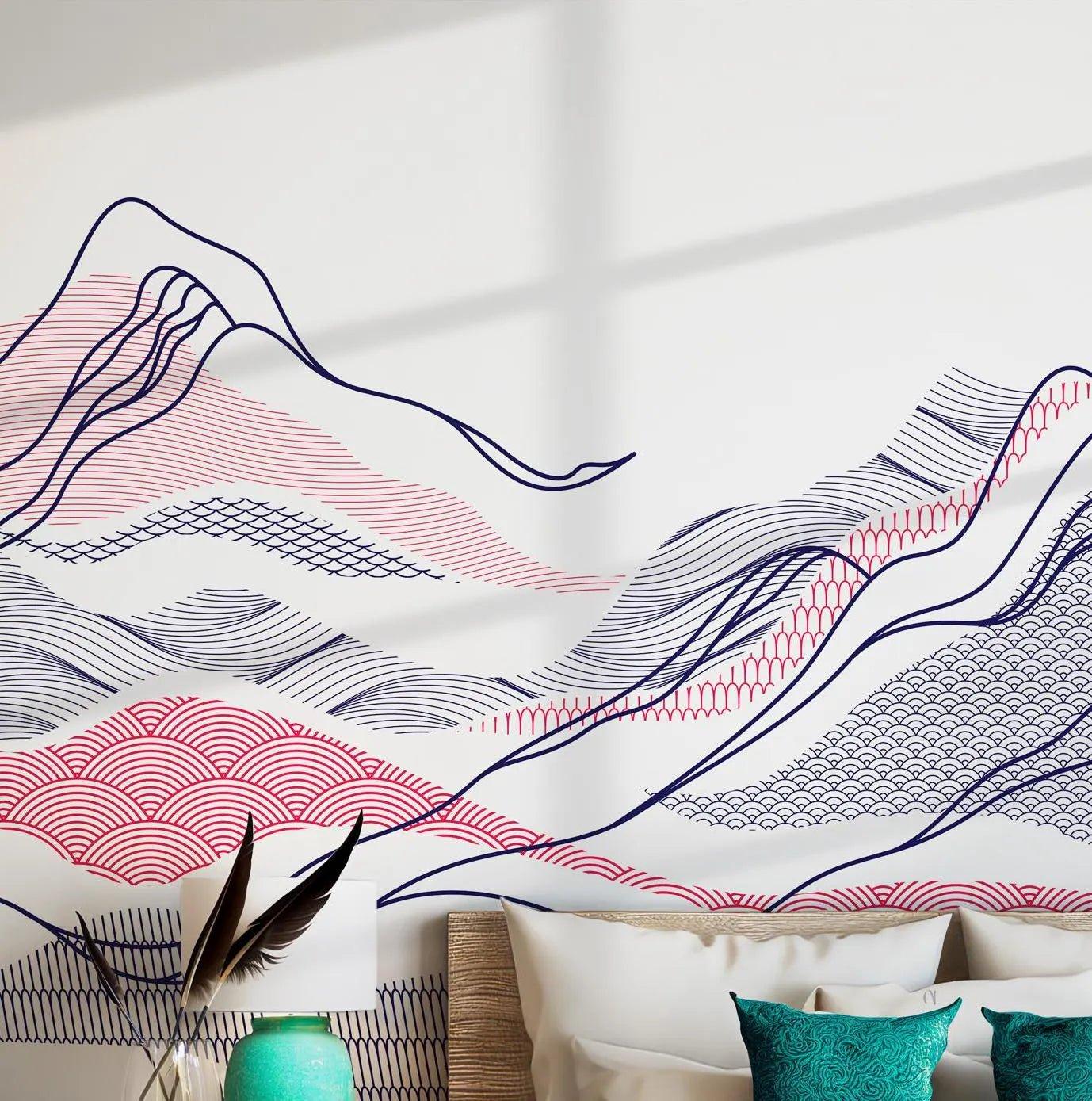 Japanese Mountain Lines Wave Wallpaper - Peel and Stick Wall Mural - Red and Blue Minimalist BV276