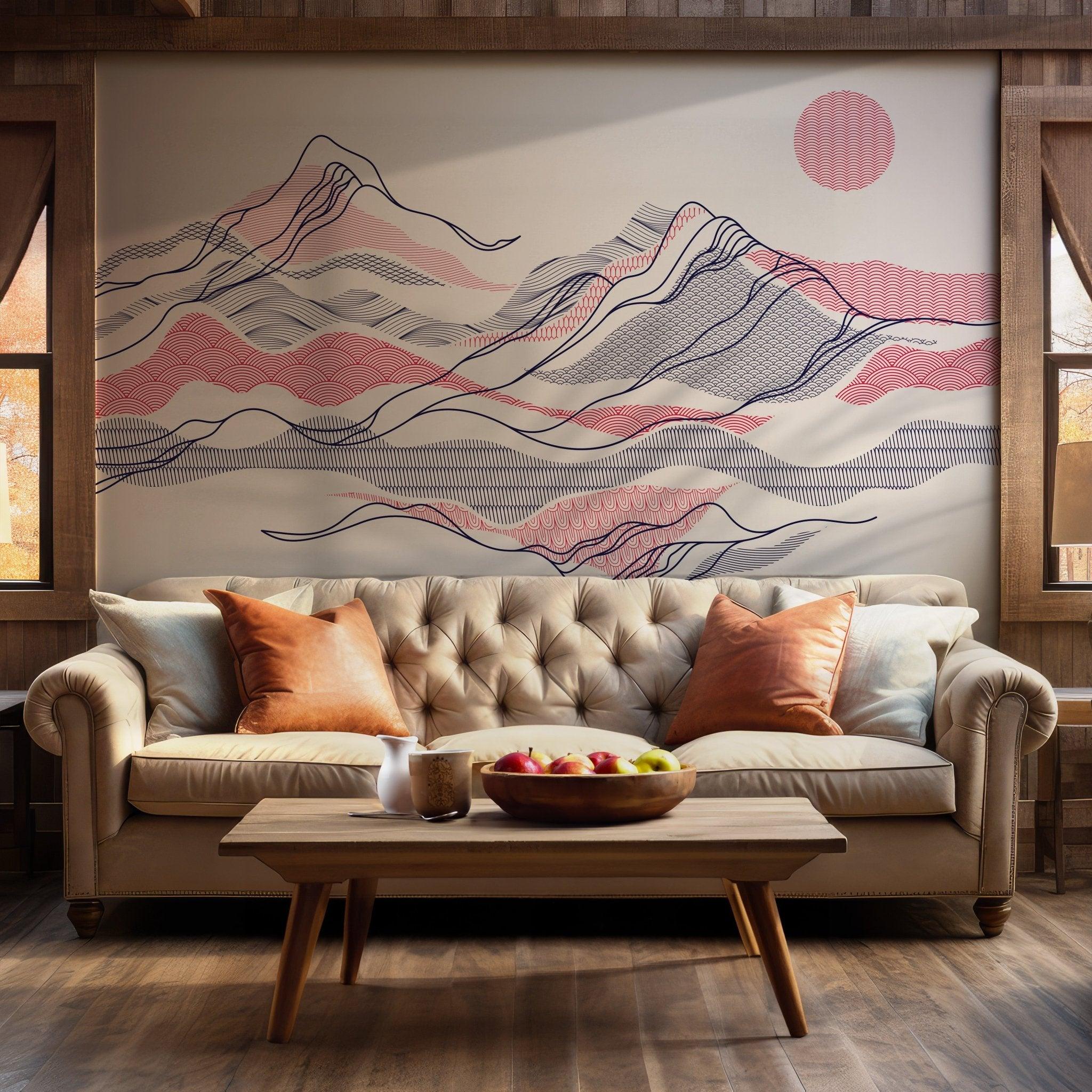 Japanese Mountain Lines Wave Wallpaper - Peel and Stick Wall Mural - Red and Blue Minimalist BV276