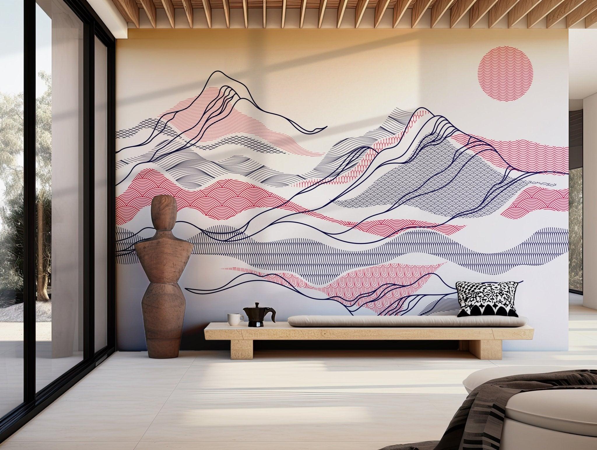 Japanese Mountain Lines Wave Wallpaper - Peel and Stick Wall Mural - Red and Blue Minimalist BV276