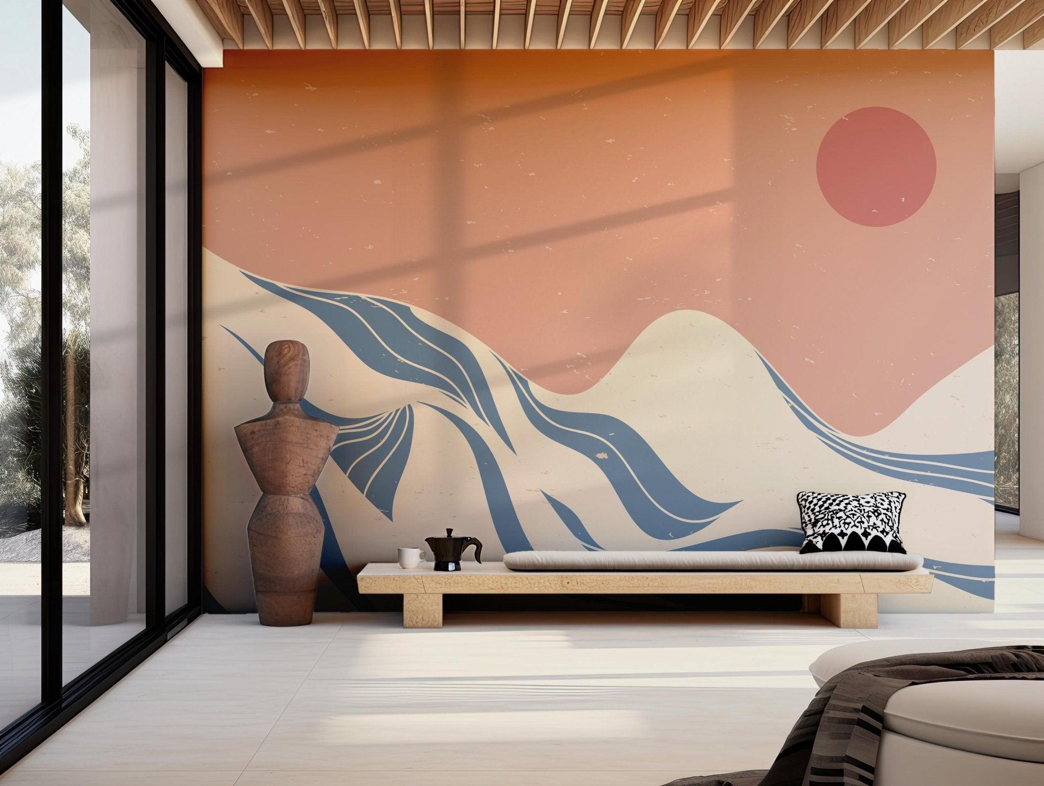 Landscape Mountain Boho Wallpaper - Peel and Stick Wall Mural - Sun Desert Serene Minimalist BV231