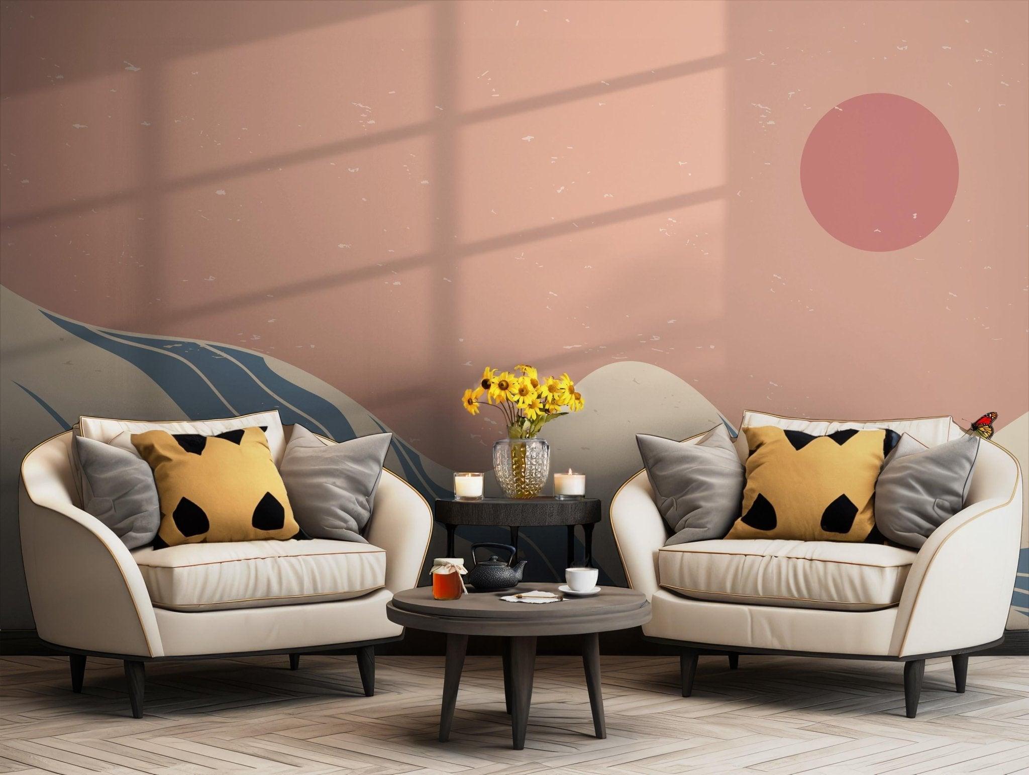 Landscape Mountain Boho Wallpaper - Peel and Stick Wall Mural - Sun Desert Serene Minimalist BV231