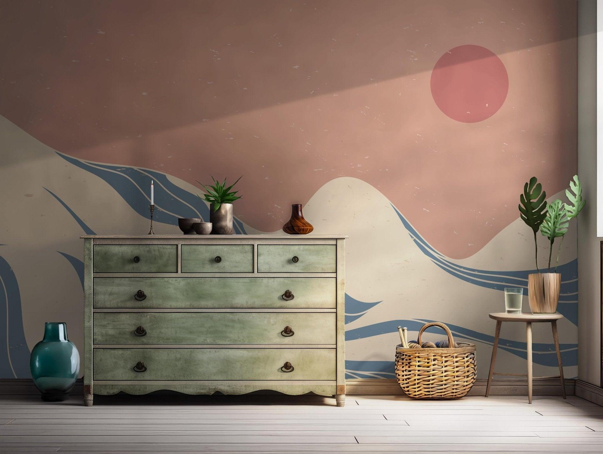 Landscape Mountain Boho Wallpaper - Peel and Stick Wall Mural - Sun Desert Serene Minimalist BV231