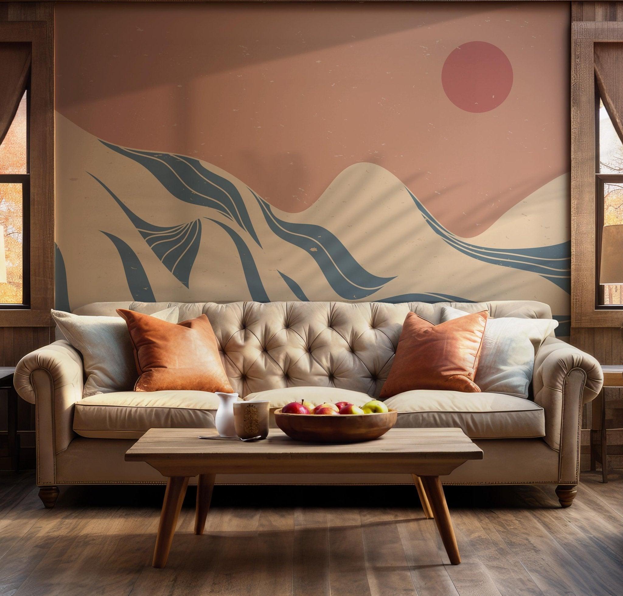 Landscape Mountain Boho Wallpaper - Peel and Stick Wall Mural - Sun Desert Serene Minimalist BV231
