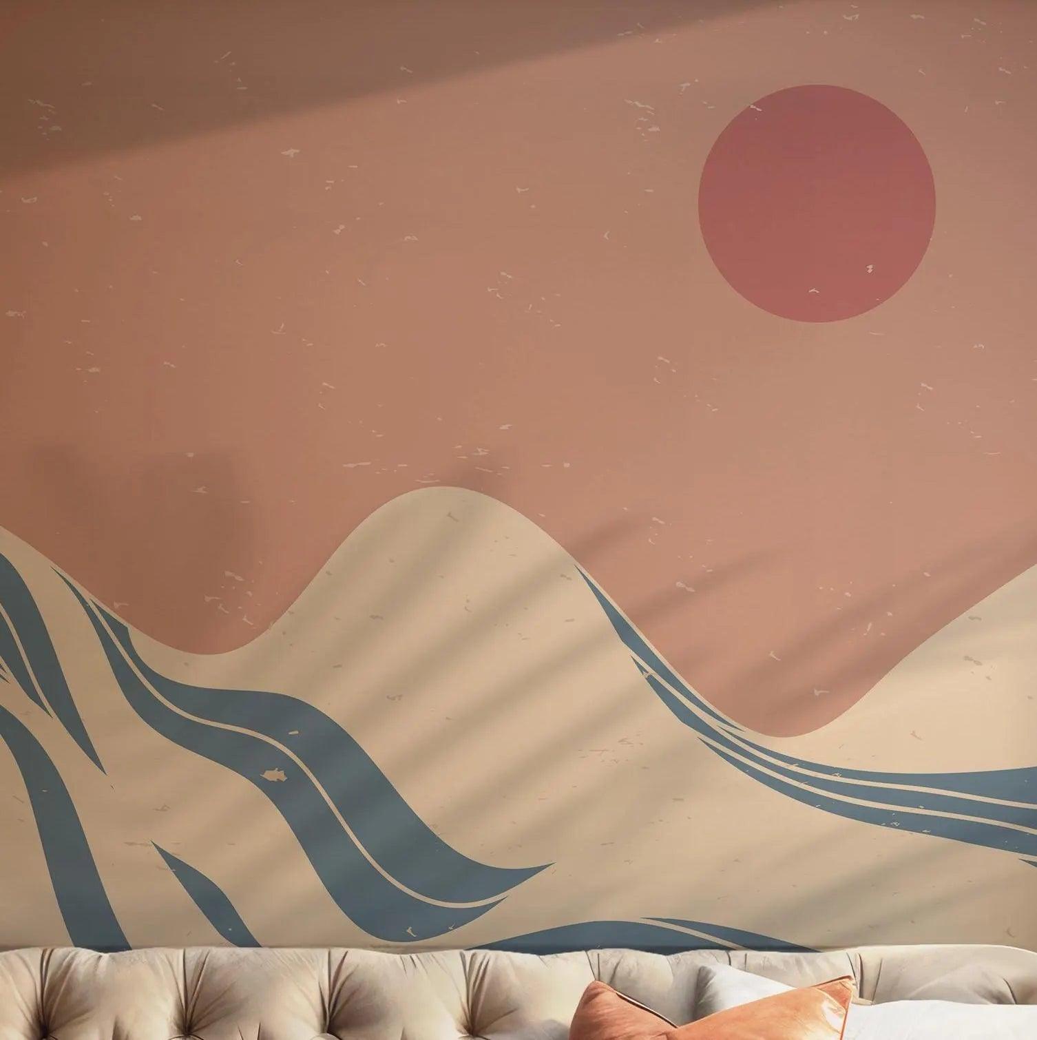 Landscape Mountain Boho Wallpaper - Peel and Stick Wall Mural - Sun Desert Serene Minimalist BV231
